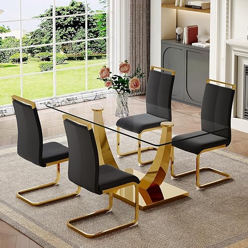 Miniatura 68 de Juego de mesa de comedor para 4, 63 pulgadas, juego de mesa de comedor de vidrio templado negro para 4 personas con sillas de poliuretano, moderno