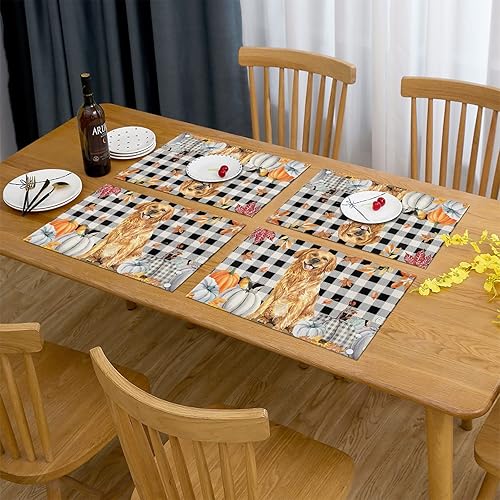 Miniatura 6 de Juego de 6 manteles individuales de otoño con diseño de calabaza, cosecha de otoño, para perro, juego de 6 manteles individuales lavables para mesa