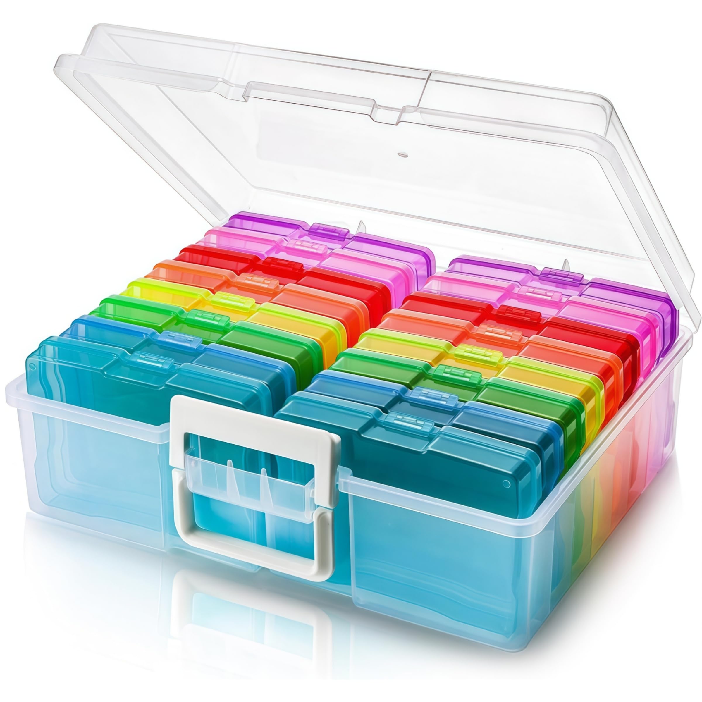 Goaste Photo Storage Box, 4" x 6" Photo Cases with Handle, 16 Inner Clear Craft Keeper, Plastic Storage Container Box, Colorful Picture Organizer Boxes for Sticker, Stamp, Seeds, Scrapbooking