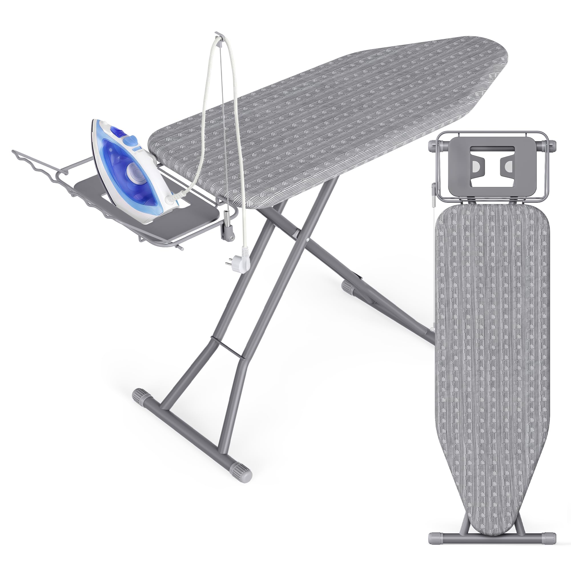 SONGMICS Bügelbrett, 122 x 38 cm Bügelfläche, Bügeltisch höhenverstellbar, klappbar, mit Kabelhalter, Bügeleisenablage, Haken, für Dampfbügelstation, Taubengrau LLB004G101