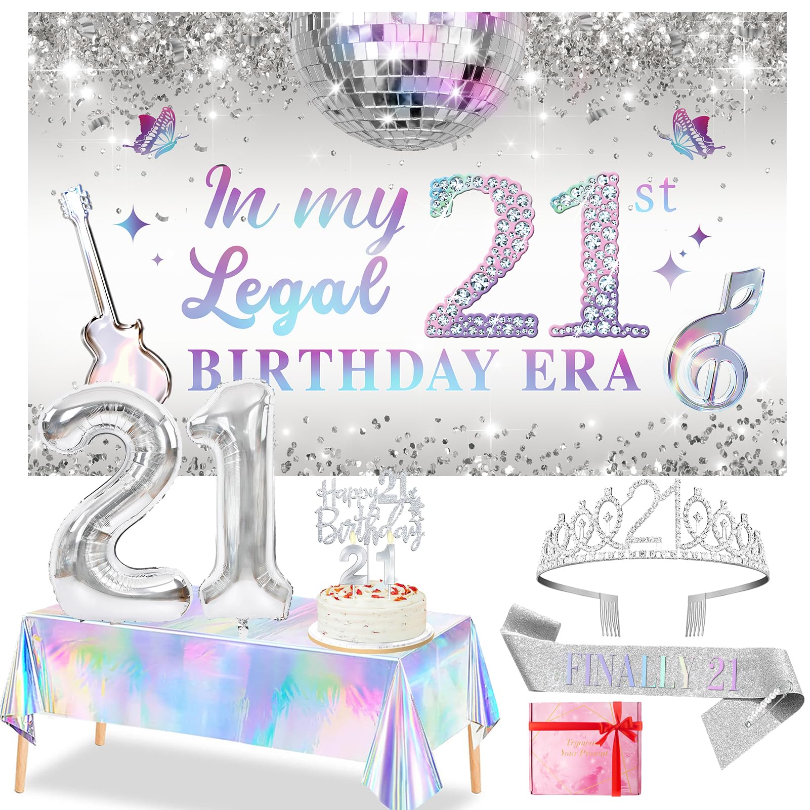 Trgowaul 21st Birthday Decorations for Girls, Silver 21st Birthday Banner, Tablecloth, Sash, Tiara, Cake Topper, Balloons