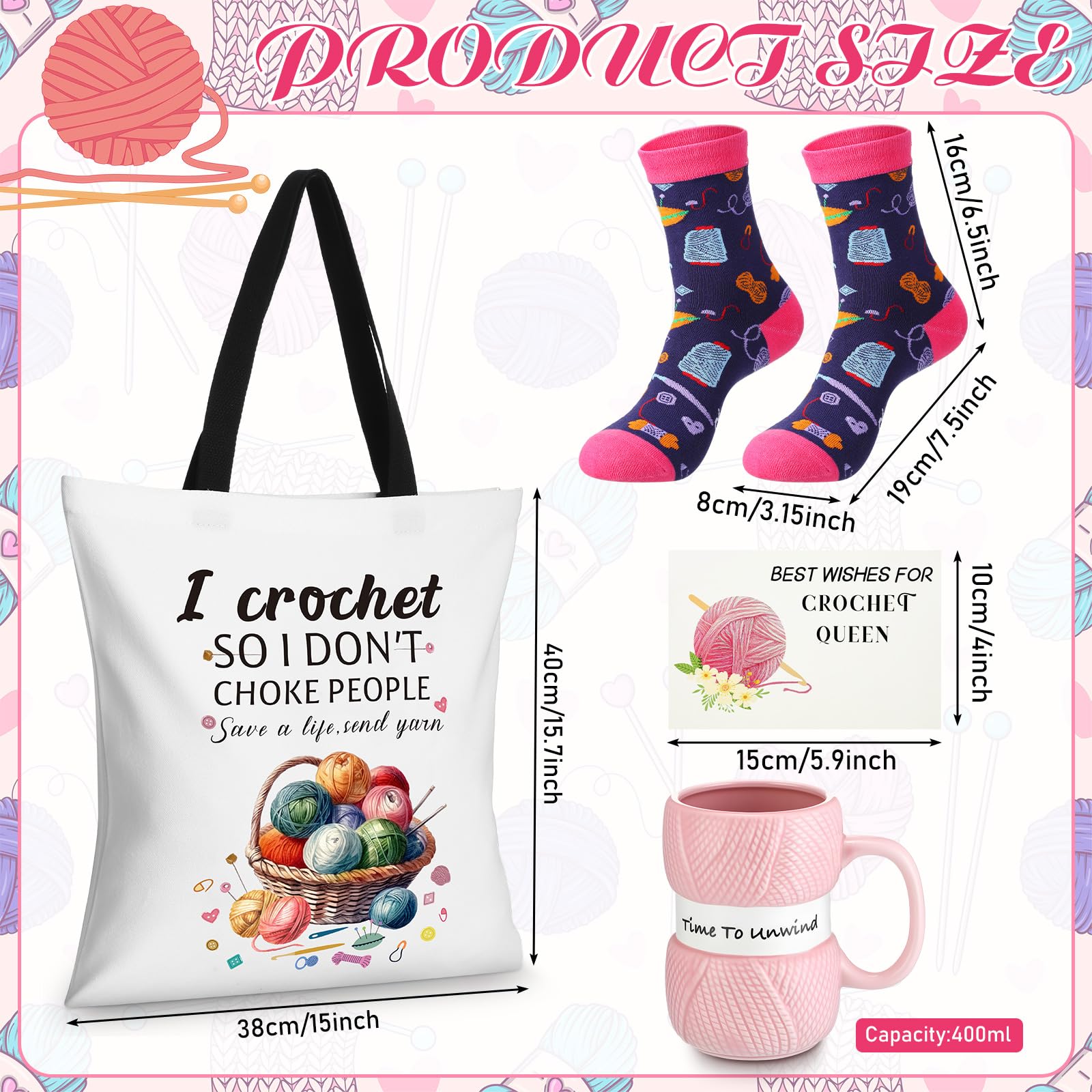 Geiserailie Lot de 4 cadeaux au crochet pour femme - Sac fourre-tout au crochet - Tasse à café - Chaussettes fantaisie et carte de vœux pour les amateurs de tricot - Cadeau de Noël, d'anniversaire, de