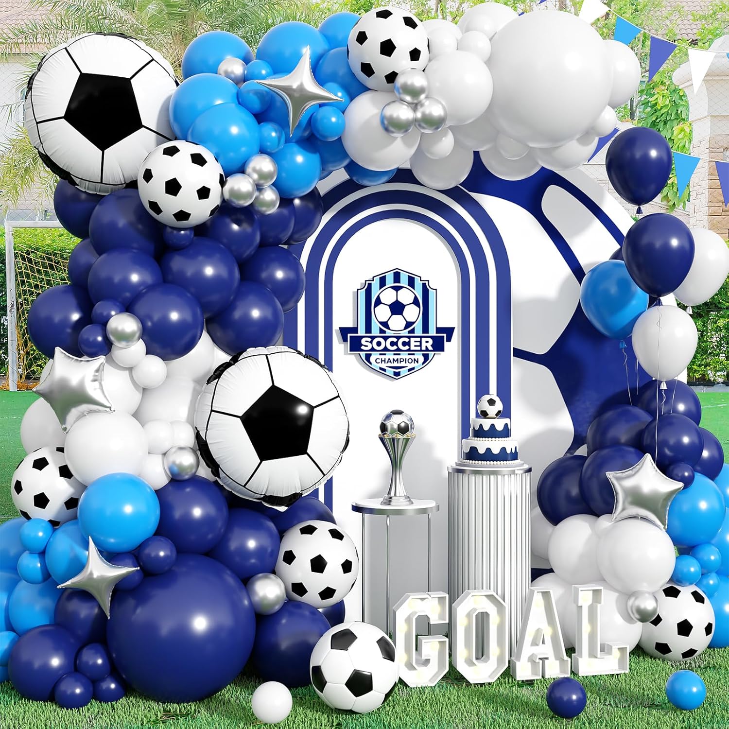 Soccer Balloon Garland Arch Kit,Blue White Silver Arch Kit with Soccer 4D Foil Ball...
