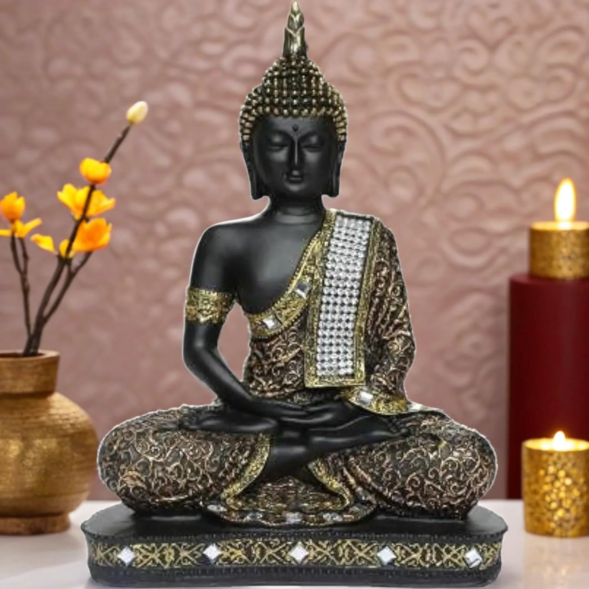 Global Grabbers New 25 Centimetre Meditating Sitting Buddha Statue showpiece Idol Home Decoration Items for Living Room Decor and Gifts (Golden6 Black)