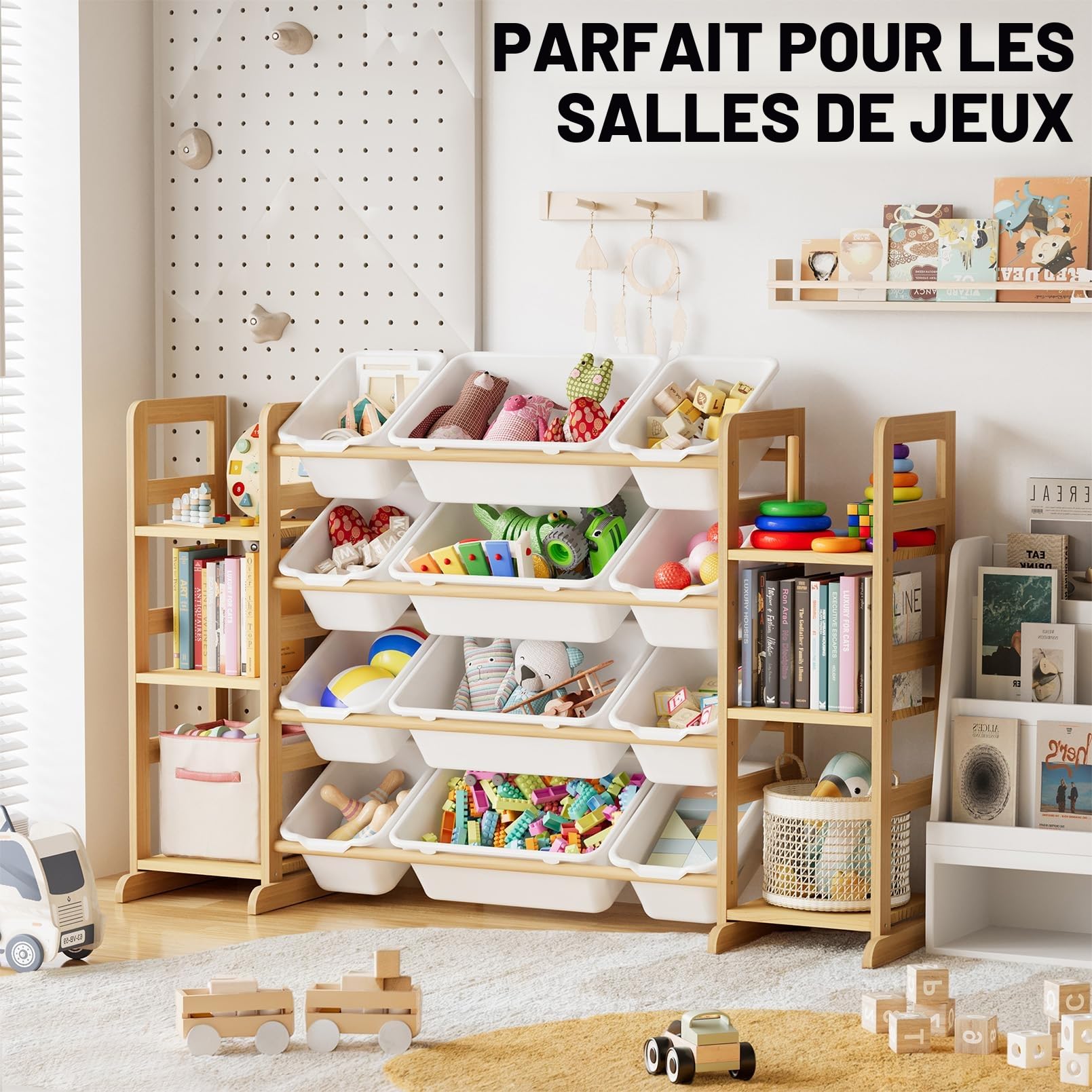 SpaceAid Meuble Rangement Enfant avec 6 Étagères et 12 Bacs, Bibliotheque Enfant, Meuble de Rangement Enfant avec Bacs pour Chambre et Salle de Jeux - Blanc