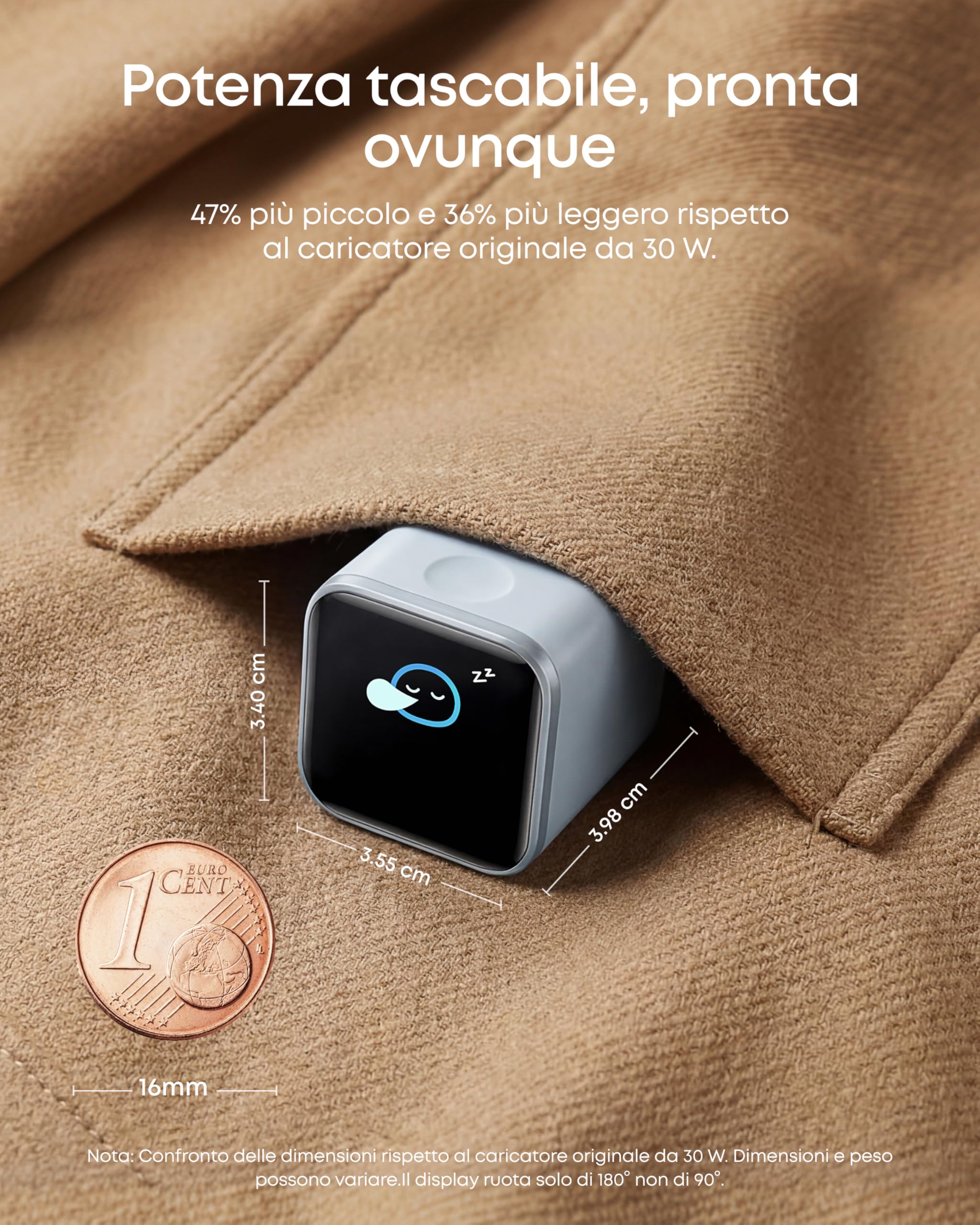 Anker Nano Caricatore iPhone da 45W con Smart Display, caricatore USB C, Ricarica Rapida, riconoscimento Intelligente, modalità Care, Design Compatto, per iPhone 17/16/15, iPad, MacBook e Apple Watch