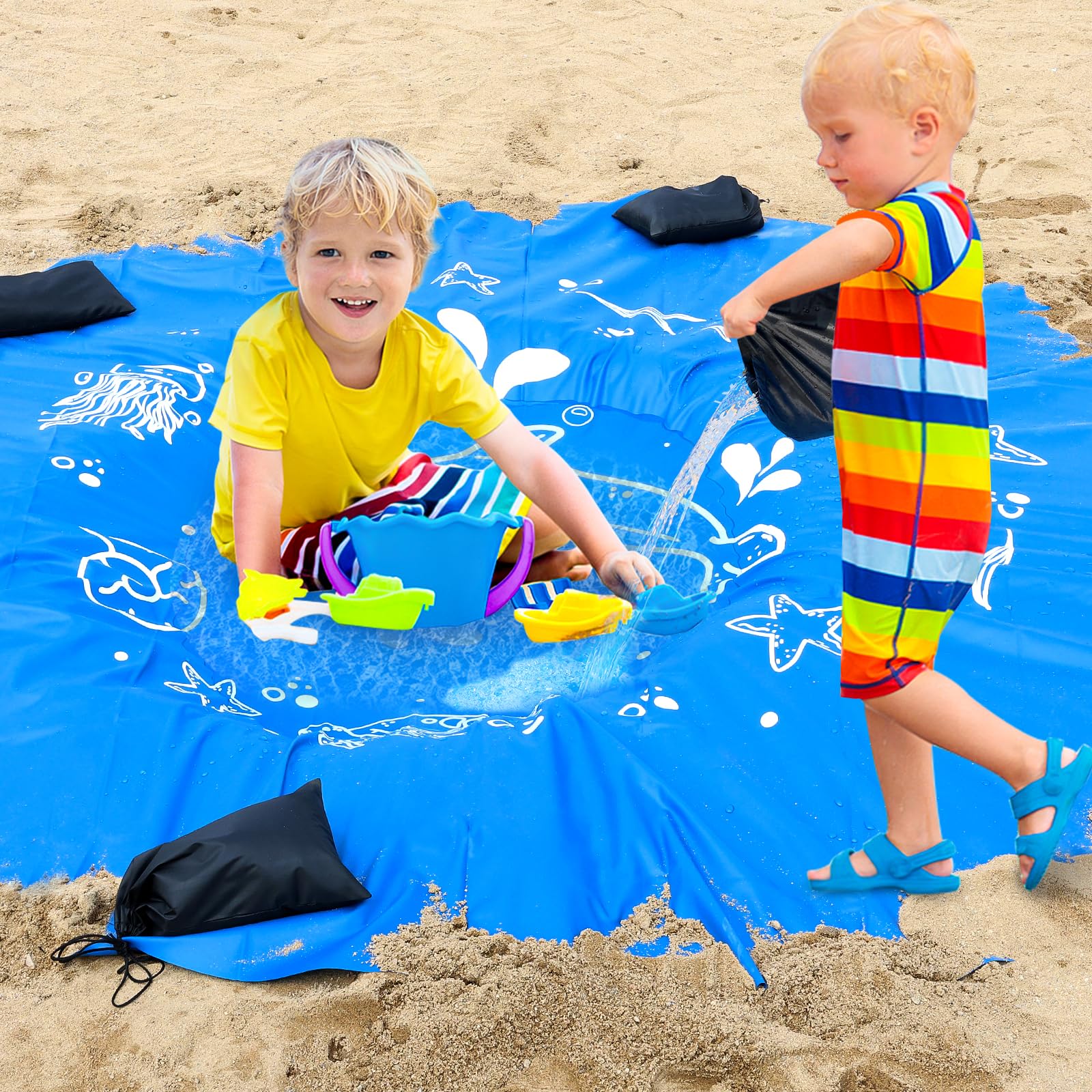 UCandy 6.5 X 6.5 Ft Baby Beach Pool, Portable Kiddie Pool and Beach Blanket, 2 in 1Waterproof Foldable Sand for Kid Vacation Picnic with Storage Bag
