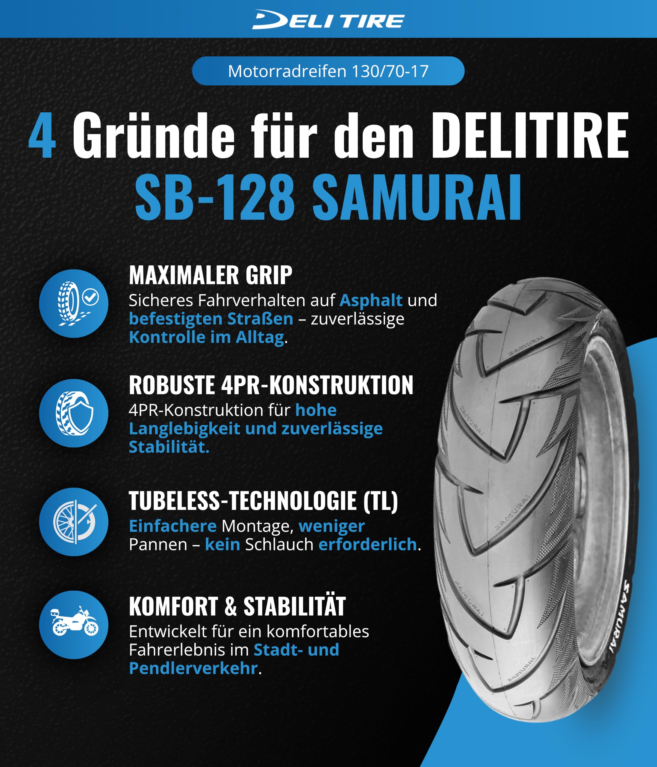 Motodak PNEU Moto 17" 130/70 X 17 Deli SB128R TL Samurai 62H (Route)