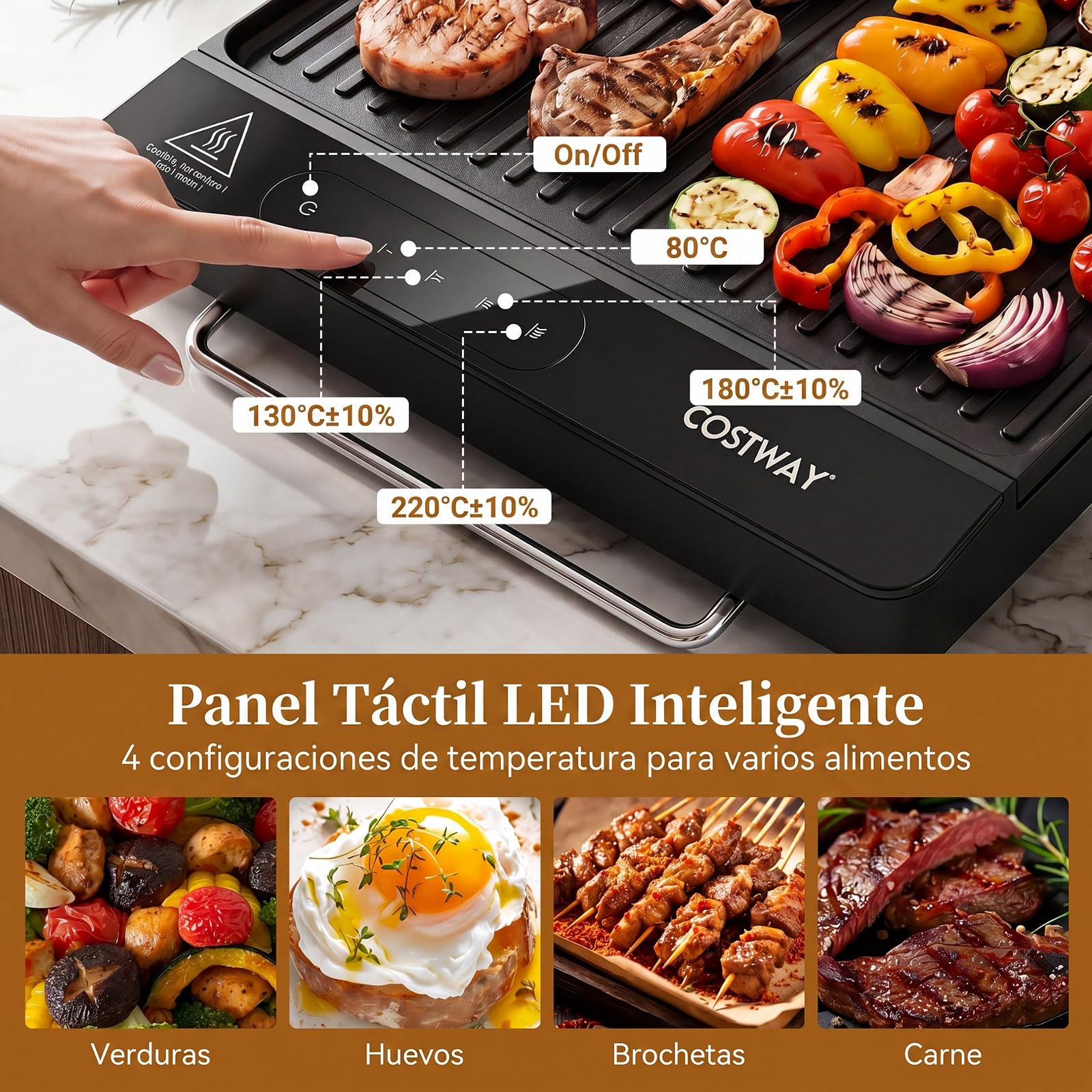 COSTWAY Plancha Eléctrica 1500 W, 60 x 28cm, Temperatura Ajustable | Parrilla Cocina con Antiadherente Extraíble, Asas Frías al Tacto y Patas Plegables, para Hogar, Picnic