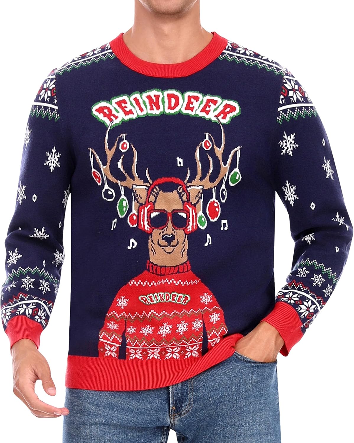 Medium ) Roadbox Ugly Christmas Sweaters for Men 2024 - Unisex Women Funny Winter Holiday Christmas Pullover Sweatshirt for Couples Reindeer Small