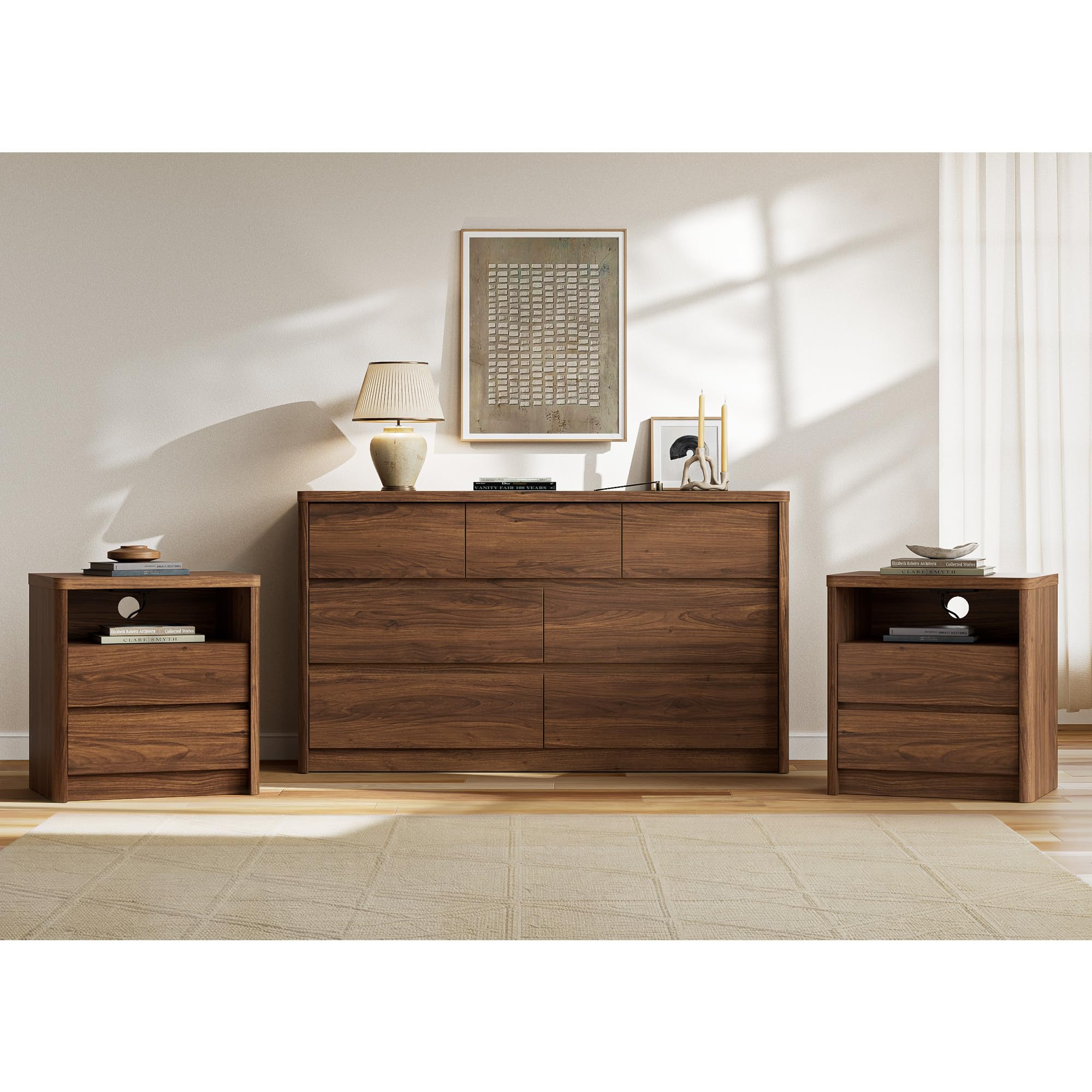 Now Mais Walnut Dresser Bedroom Set, 7 Drawer Dresser & 2 Drawer Nightstands
