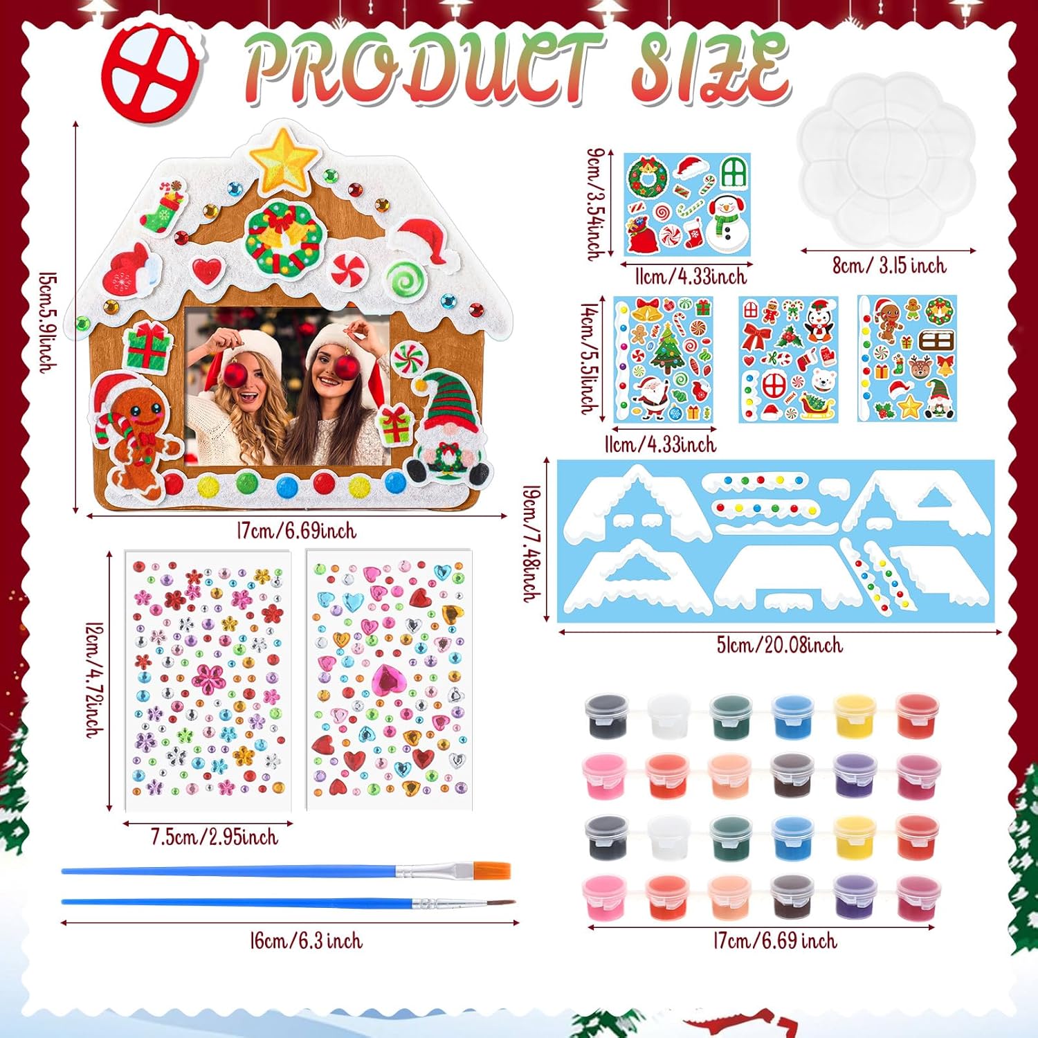 Novabright 12 Set Christmas Gingerbread House Picture Frame Painting Craft Kit Wooden Christmas Photo Frame Ornaments with Felt Rhinestone Sticker Painting Tools Set for Winter Xmas Holiday Activities