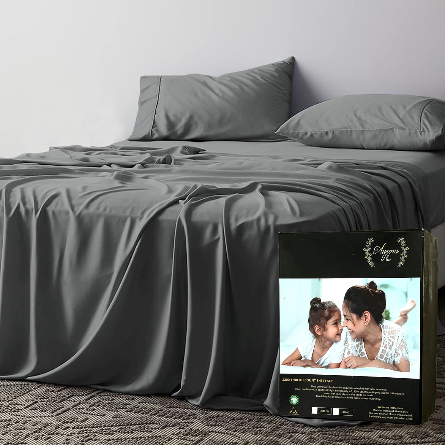 Certified 100 % Long Staple Pure Organic Egyptian Cotton 1200 Thread Count Luxury Soft Silky Sateen Weave -18”Deep Pockets - Breathable & Cooling - Cozy – Gift Box Packed King Plum 4 Piece Sheet set