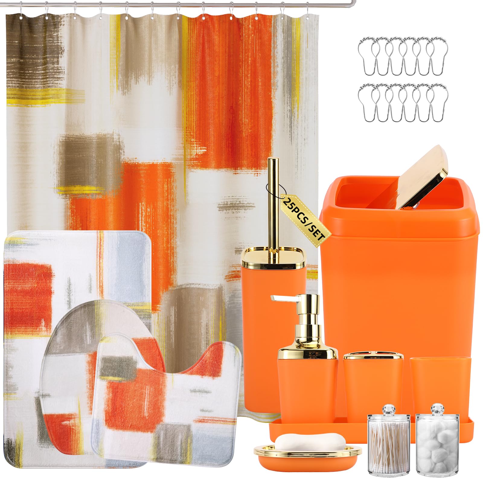 XLHOMO Bathroom Set - Orange Bathroom Accessories Set, Bathroom Sets with Shower Curtain and Rugs, Orange Shower Curtain Set with Bathroom Trash Can, Soap Dispenser, Soap Dish for Home Decor