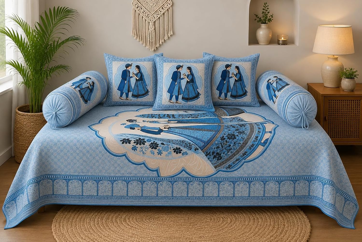Aroma Brand Diwan Set 6 Piece Pure Cotton |1Bedsheet (70x100 Inch)+ 2 Bolster Covers+ 3 Cushion Covers | Cotton Diwan Set | Diwan Bedsheet Single Bed | Living Room Set, Rajsi Neel Milan-image-10