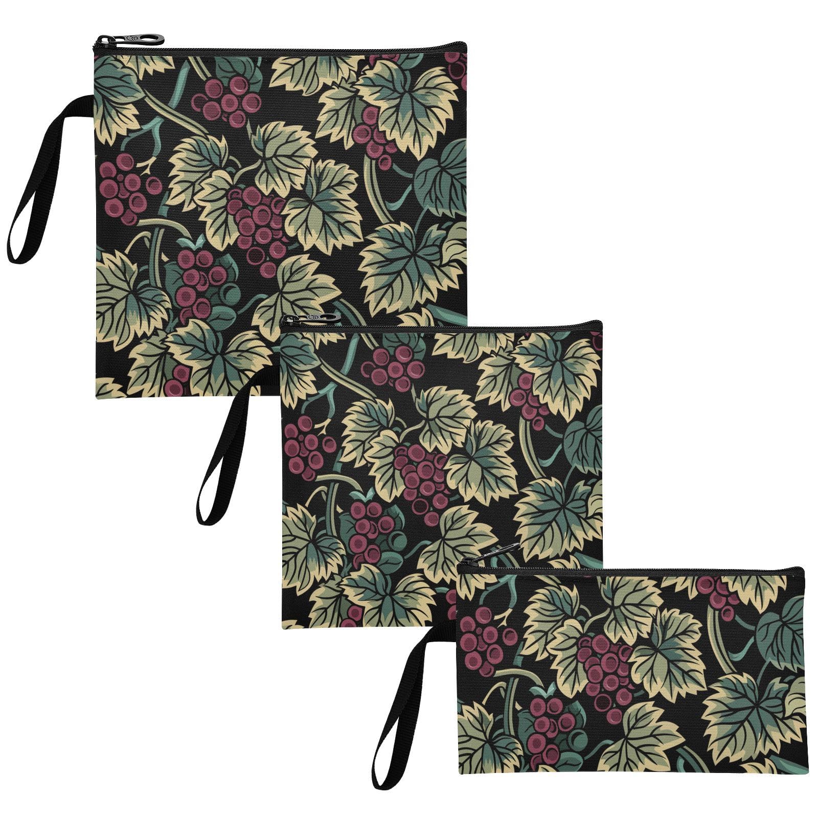 Yoogain Yummy Grapes Pattern Purple Brown Pack of 3 Reusable Zipper Snack Bag Portable Travel Bags for Travel Items, Home Organization