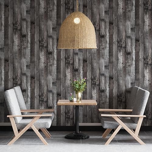 Miniatura 7 de Papel tapiz de madera para despegar y pegar, vinilo negrogris, 17.7 x 400 pulgadas, papel de contacto autoadhesivo grueso impermeable autoadhesivo