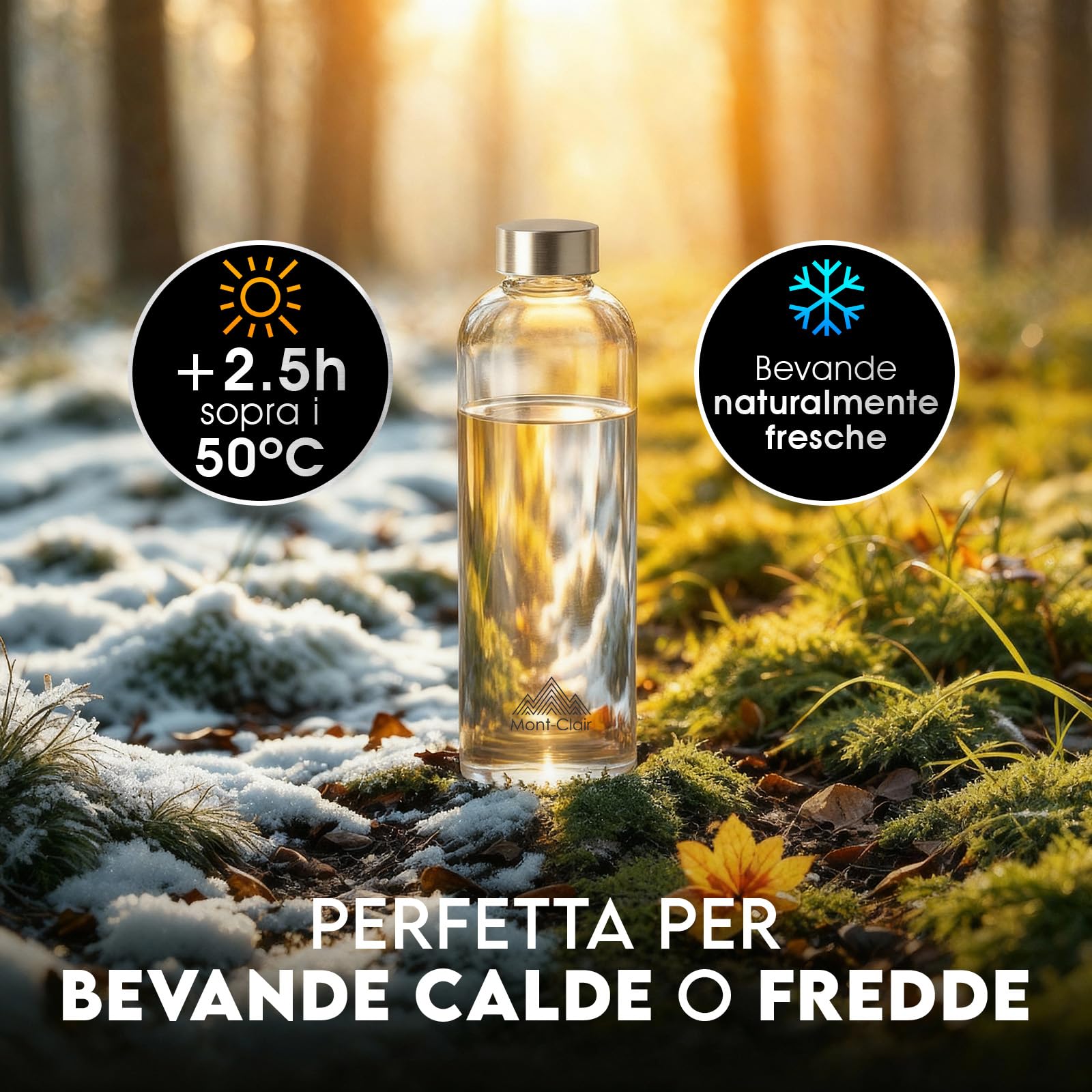 Mont-Clair Kristal Bottiglia Vetro 550ml - Borracia Vetro Borosilicato con fodera in neoprene - Anti-perdita + senza BPA - Bevande calde e fredde - Ideale per viaggi, sport - Blu