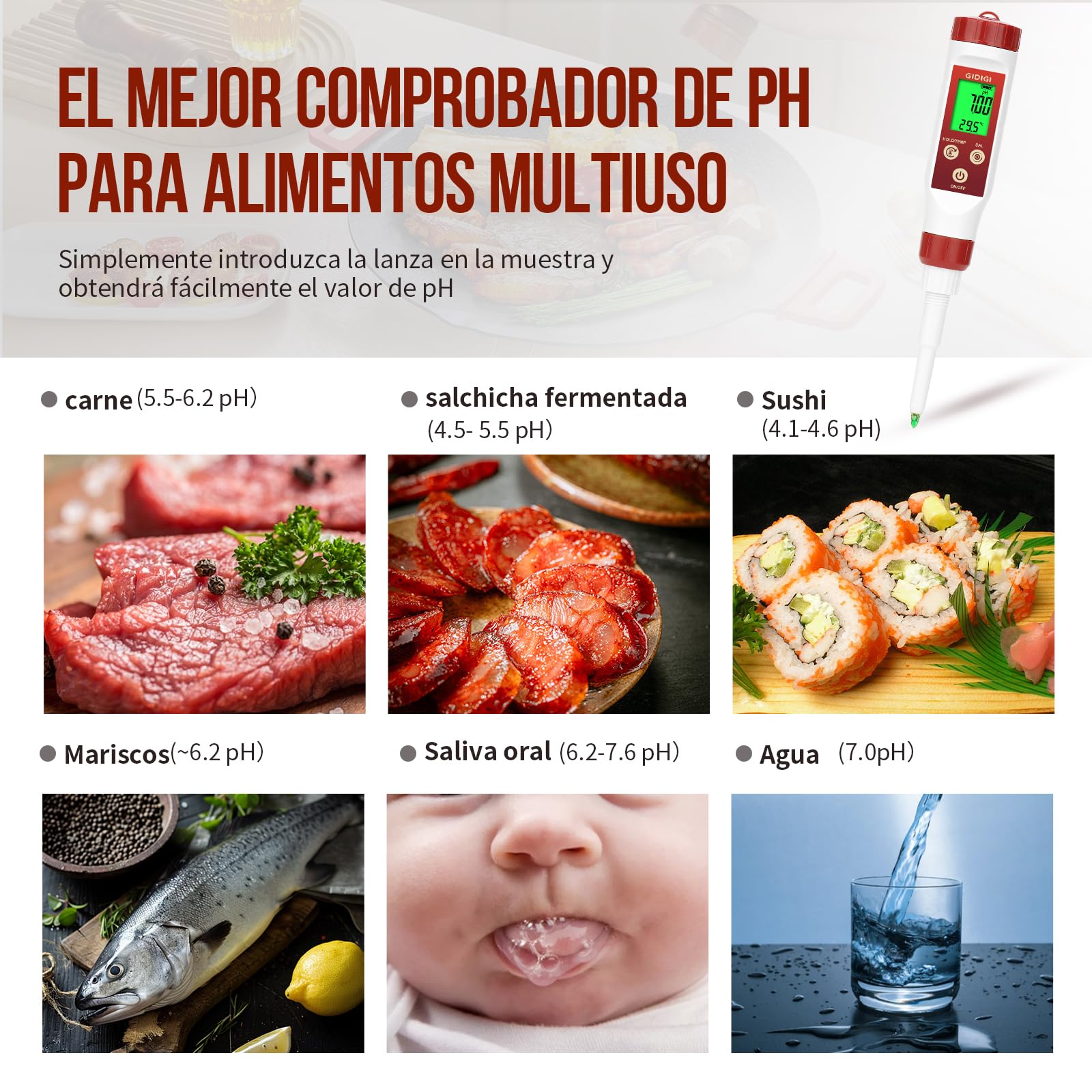 Medidor pH Alimentos Profesional con Sonda de Punta para Analizar pH y Temperatura en Líquidos y Semisólidos