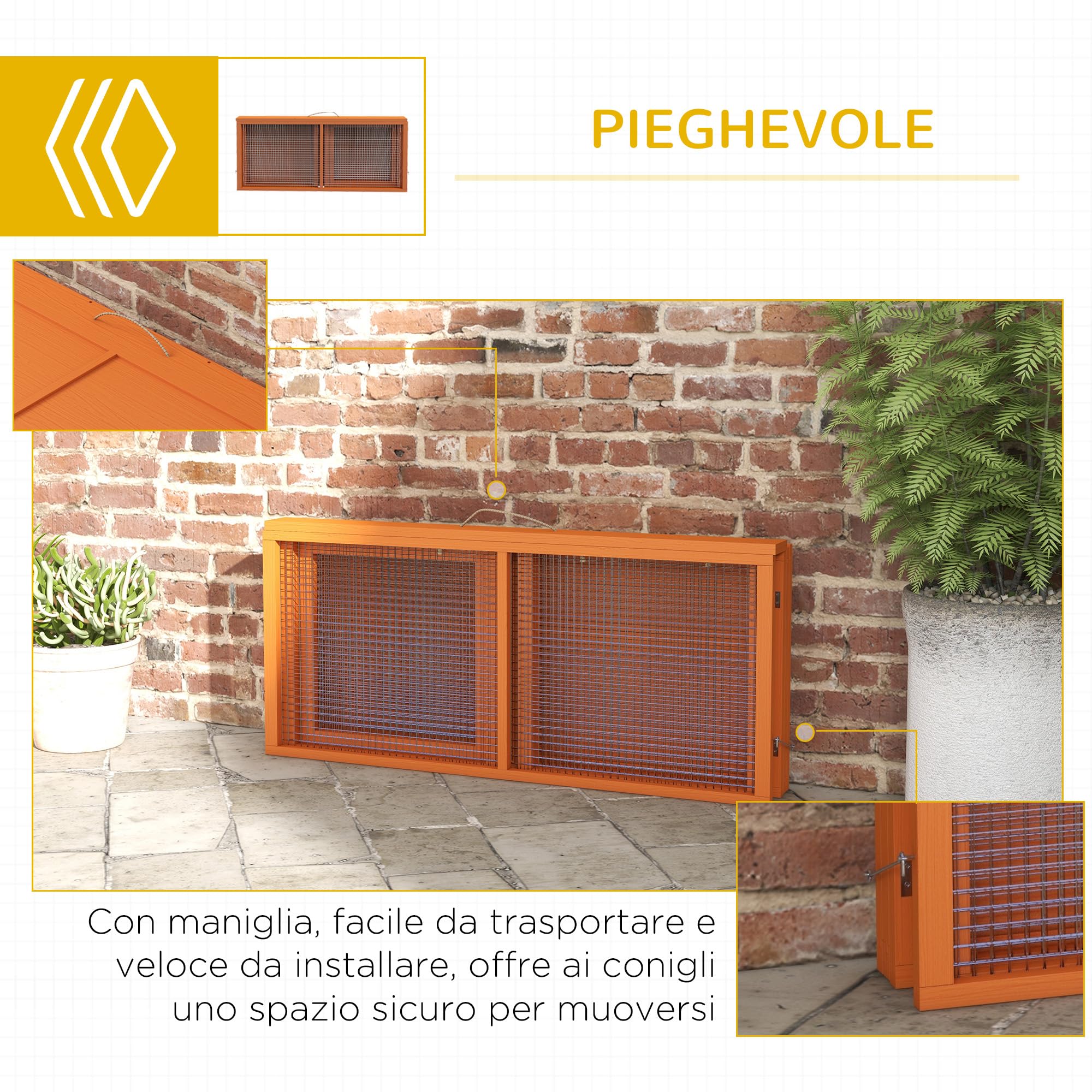 PawHut Conigliera Pieghevole per 2-3 Roditori con Ingressi Multipli, Gabbia per Conigli in Legno e Acciaio, 110x105x50 cm, Arancione
