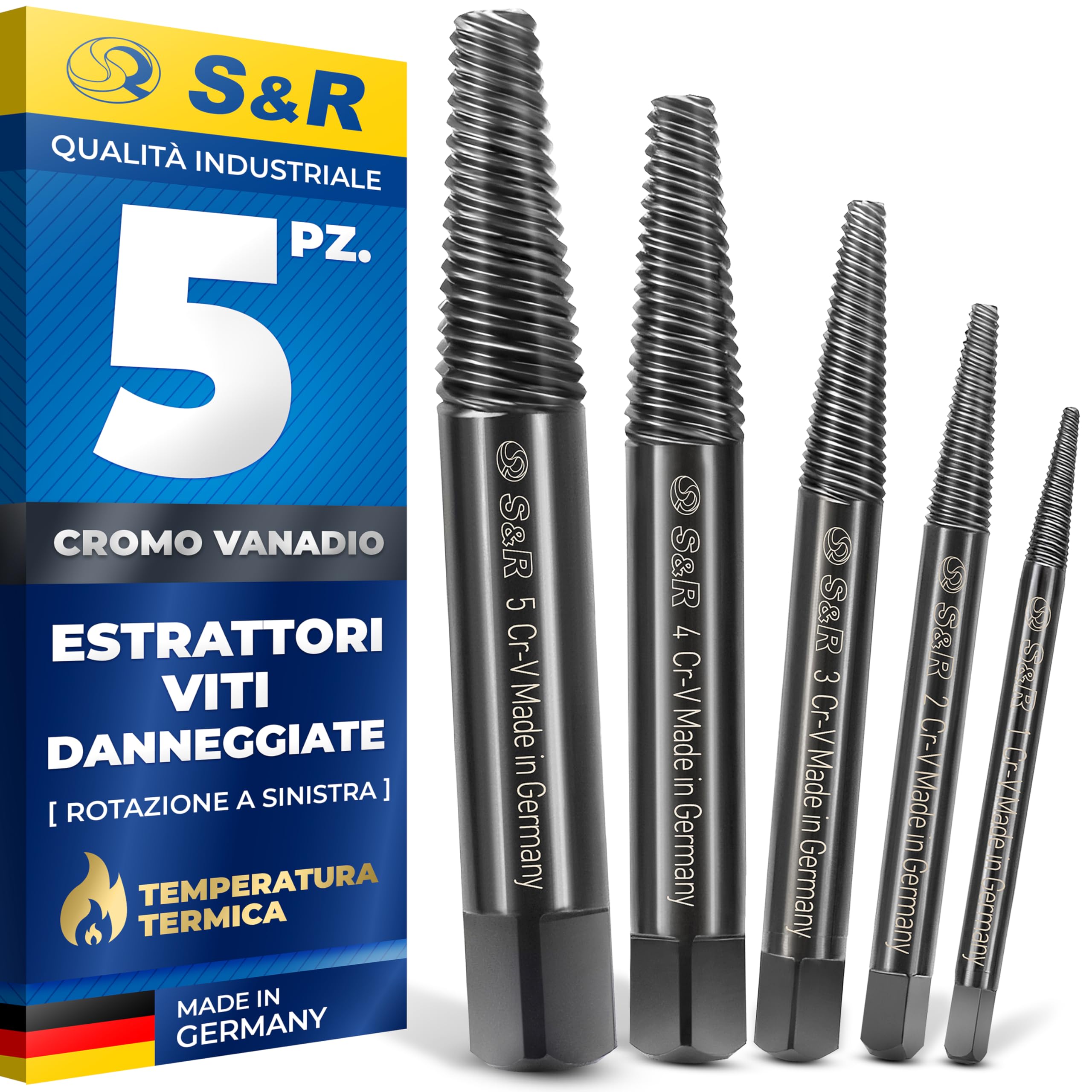 S&R Estrattore Viti Danneggiate Rotazione a SINISTRA Set 5 pz MADE IN GERMANY Per Viti e Bulloni da 3 a 18 mm