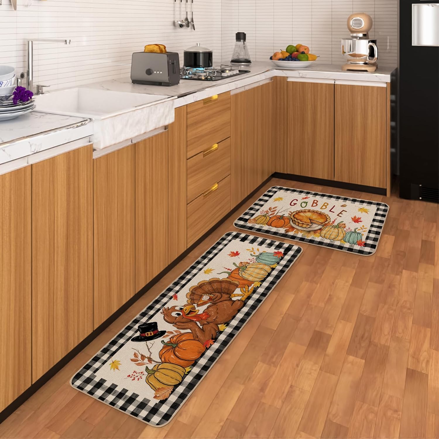 Moutina Buffalo Plaid Turkey Thanksgiving Kitchen Rugs Set of 2, Seasonal Fall Gobble Pumpkin Pie Home Decor Low-Profile Kitchen Mats for Floor - 17x29 and 17x47 Inch