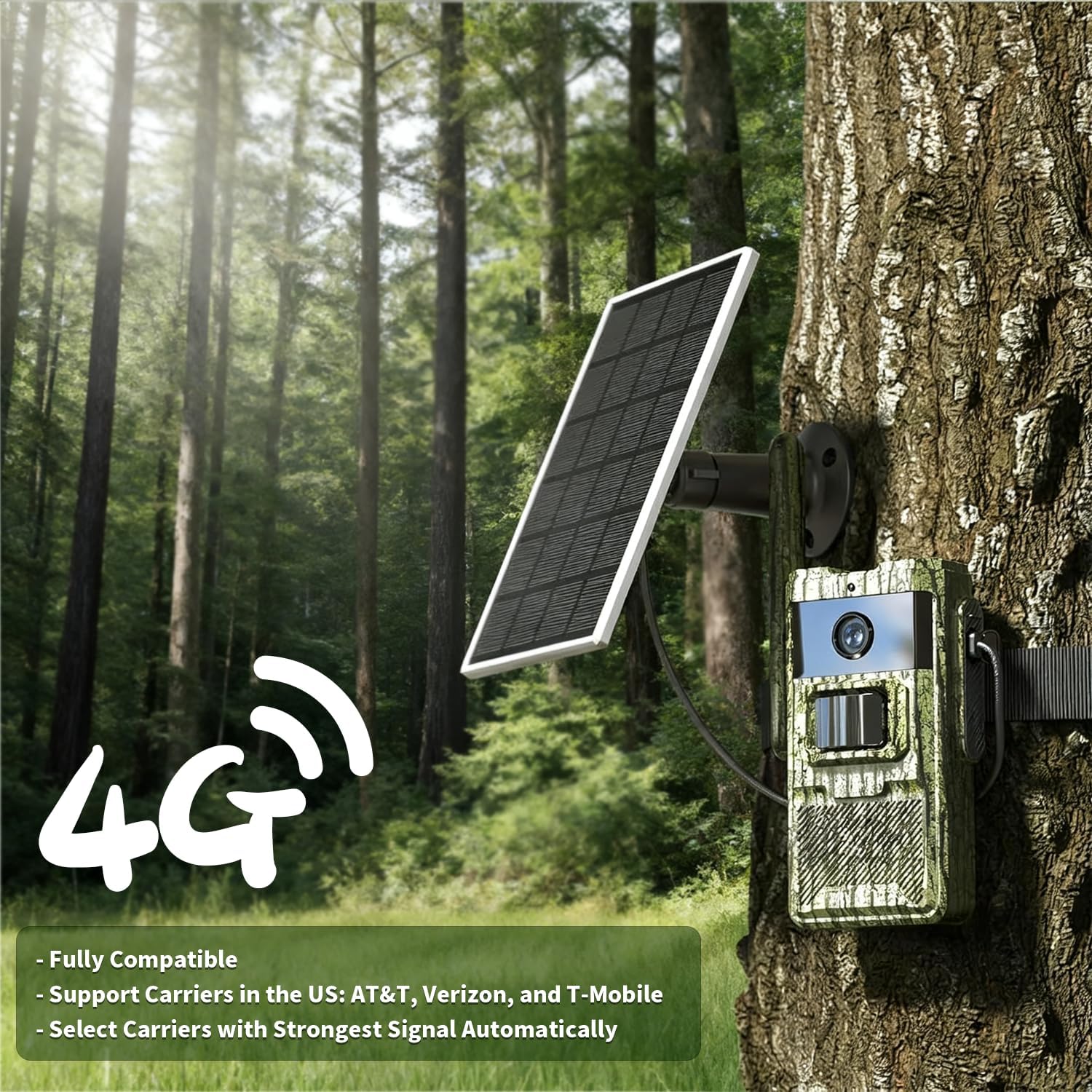 adorcam T4 Trail Camera mounted on a tree with solar panel