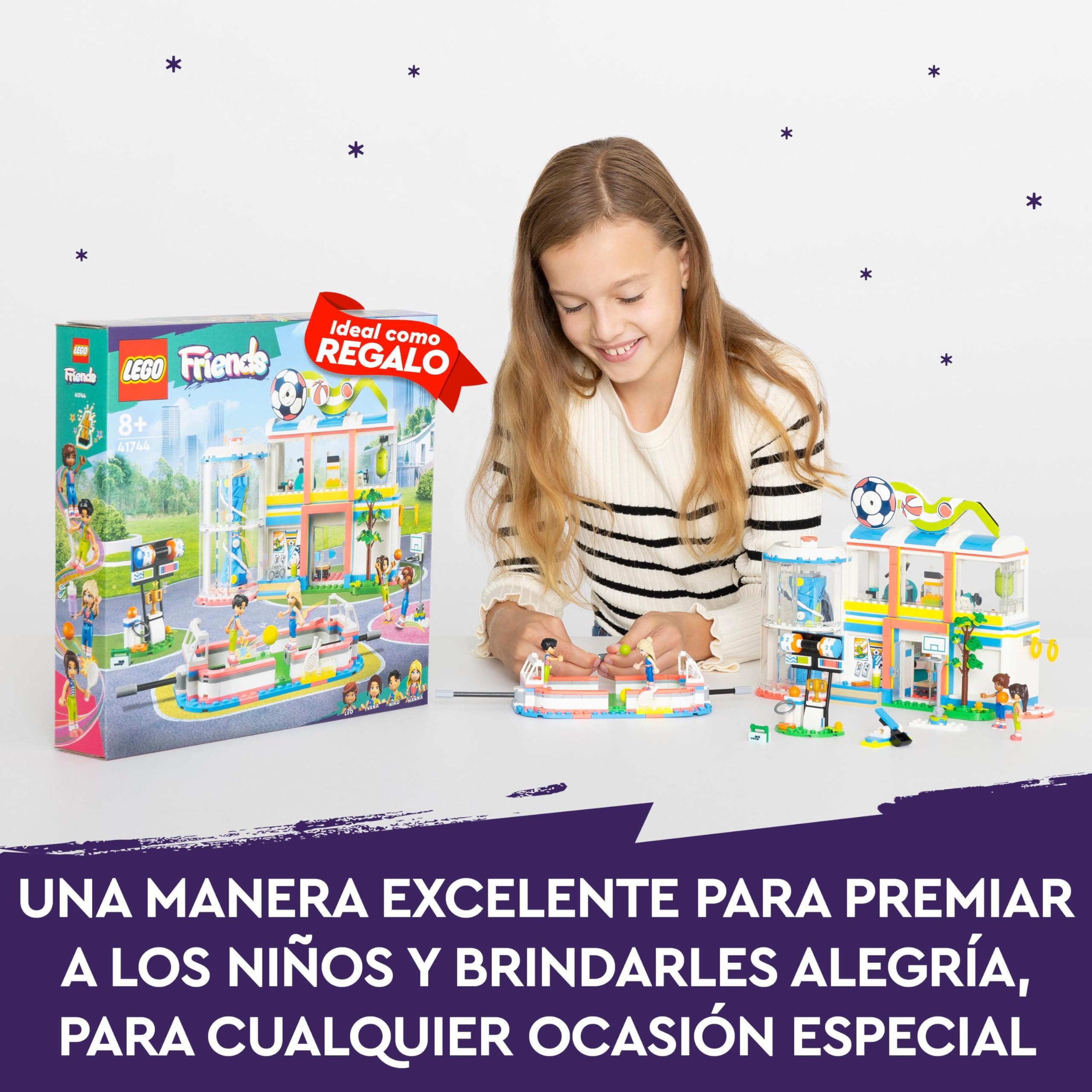 LEGO Friends Centro Deportivo con Juegos de Fútbol, Baloncesto, Tennis y Muro de Escalada, 4 Mini Muñecas, Regalos y Juguetes de Heartlake City para Niñas y Niños de 8 Años o Más 41744
