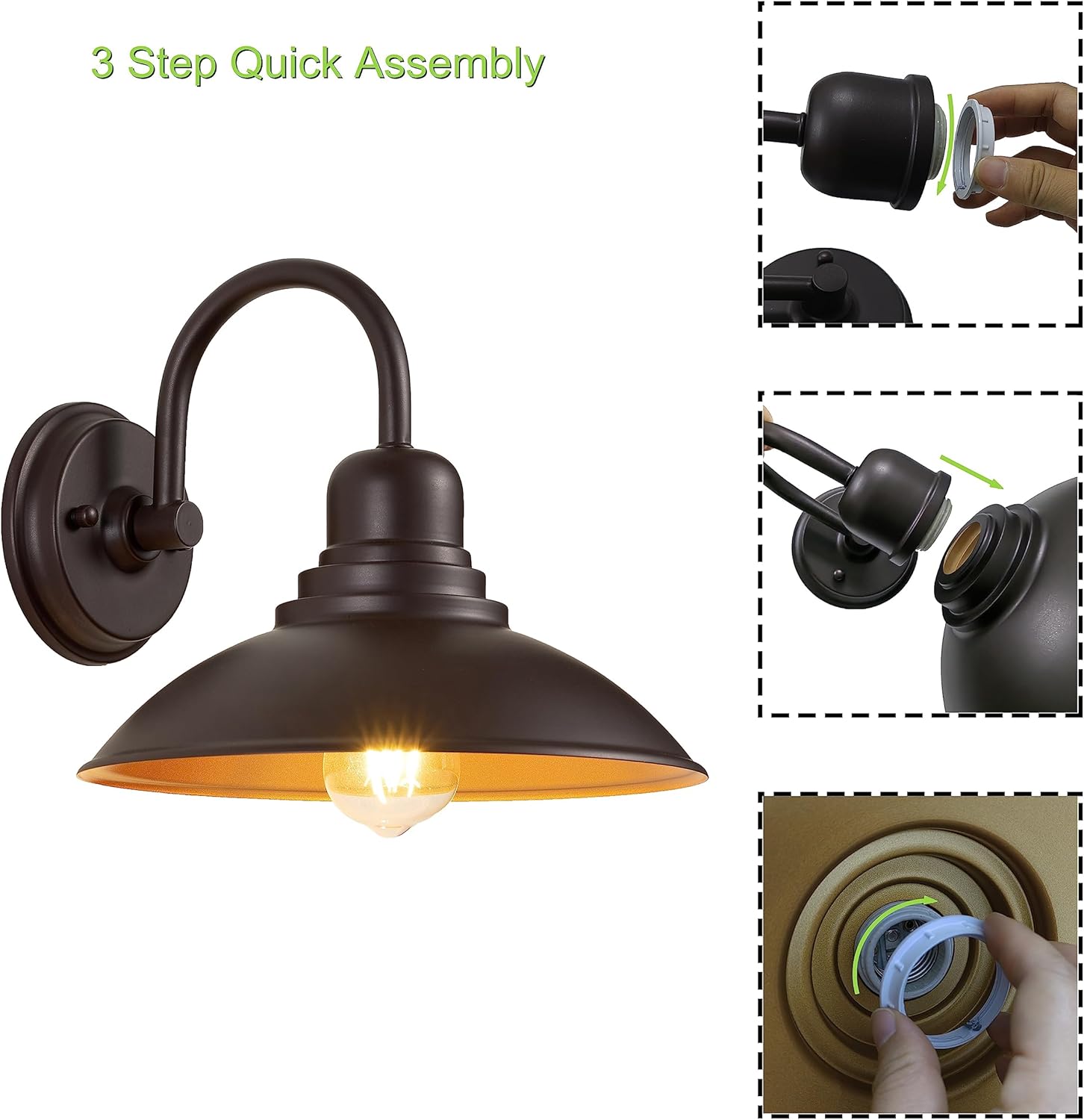 GOLDHILL 10.5" Bronze Gooseneck Metal Outdoor Barn Light 2-Pack, Powder Coated Anti-Rust Farmhouse Exterior Wall Sconce with Gold Interior, Wet Location Rated for Porch, Garage, Bathroom Vanity