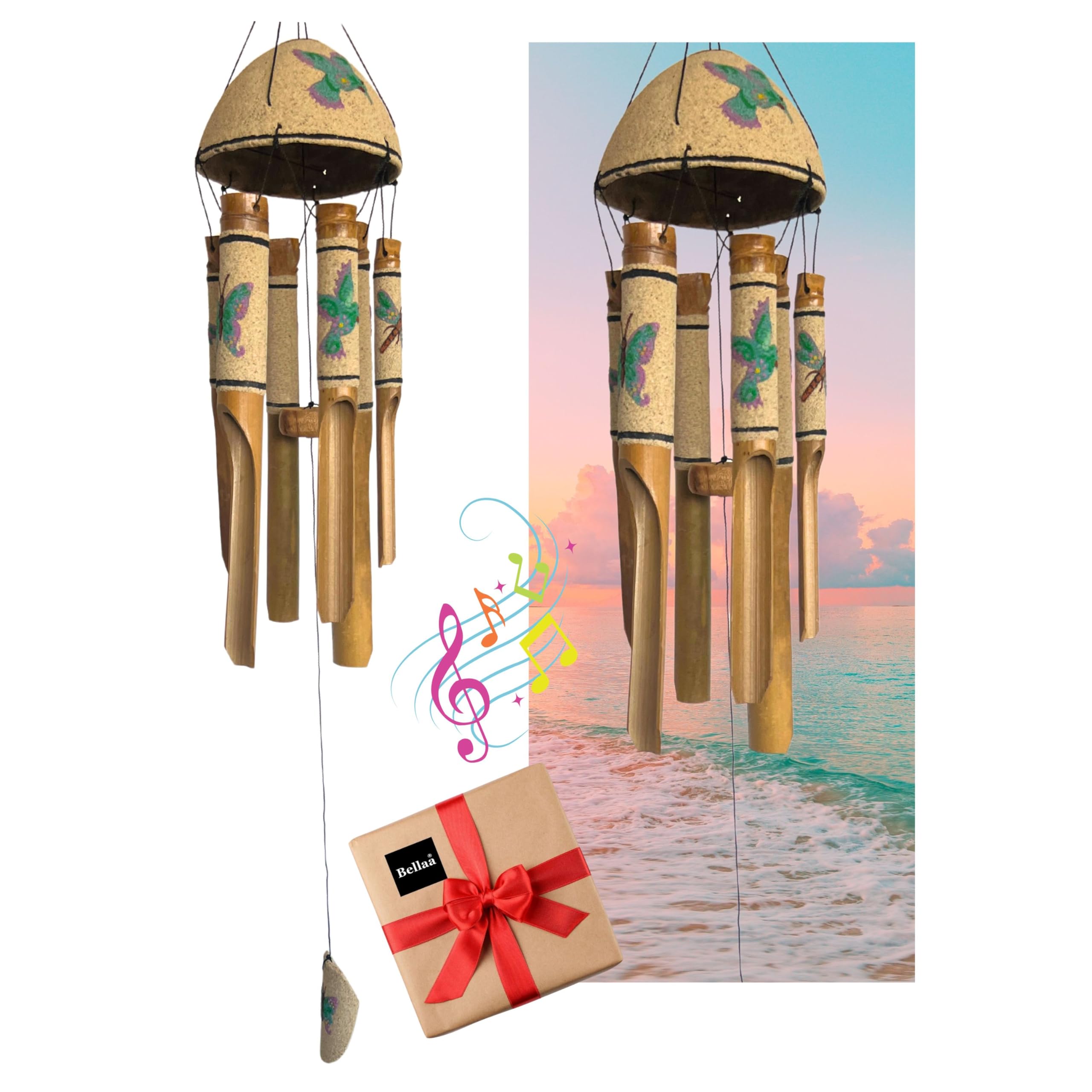 Bellaa 20346 Bamboo Wind Chimes Sea Sand Art Painting Hummingbird Butterfly Dragonfly Handmade Windchimes Outdoor Garden Patio Gifts 32 Inch (Green Sand)
