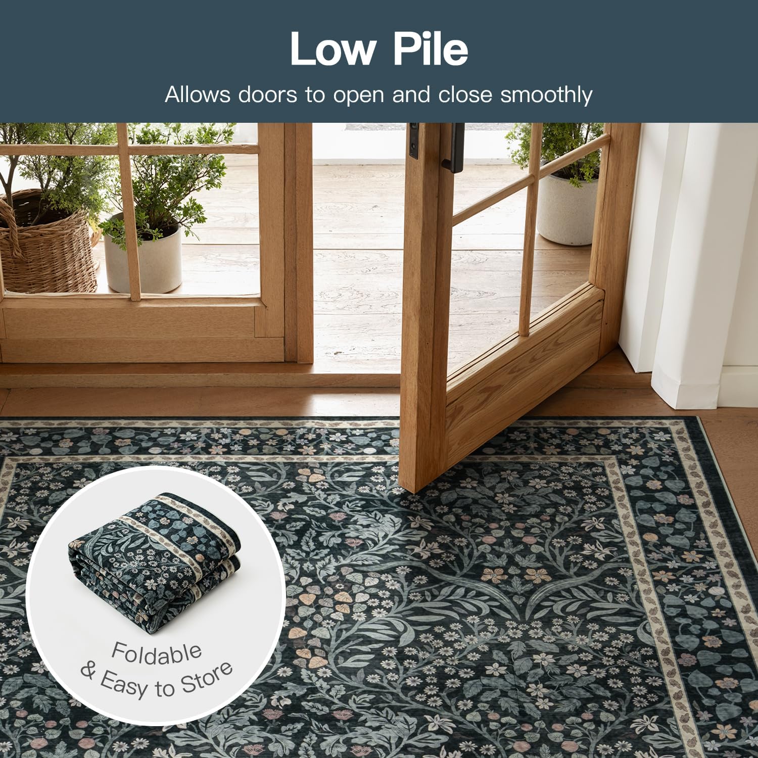 Lofus Black Rug 8x10, Washable Large Living Room Area Rugs Non Slip Low Pile, Boho Floral Carpet for Kitchen Bedroom Dining Room Nursery Home Office, Vintage Farmhouse Forest-Themed Area Rugs