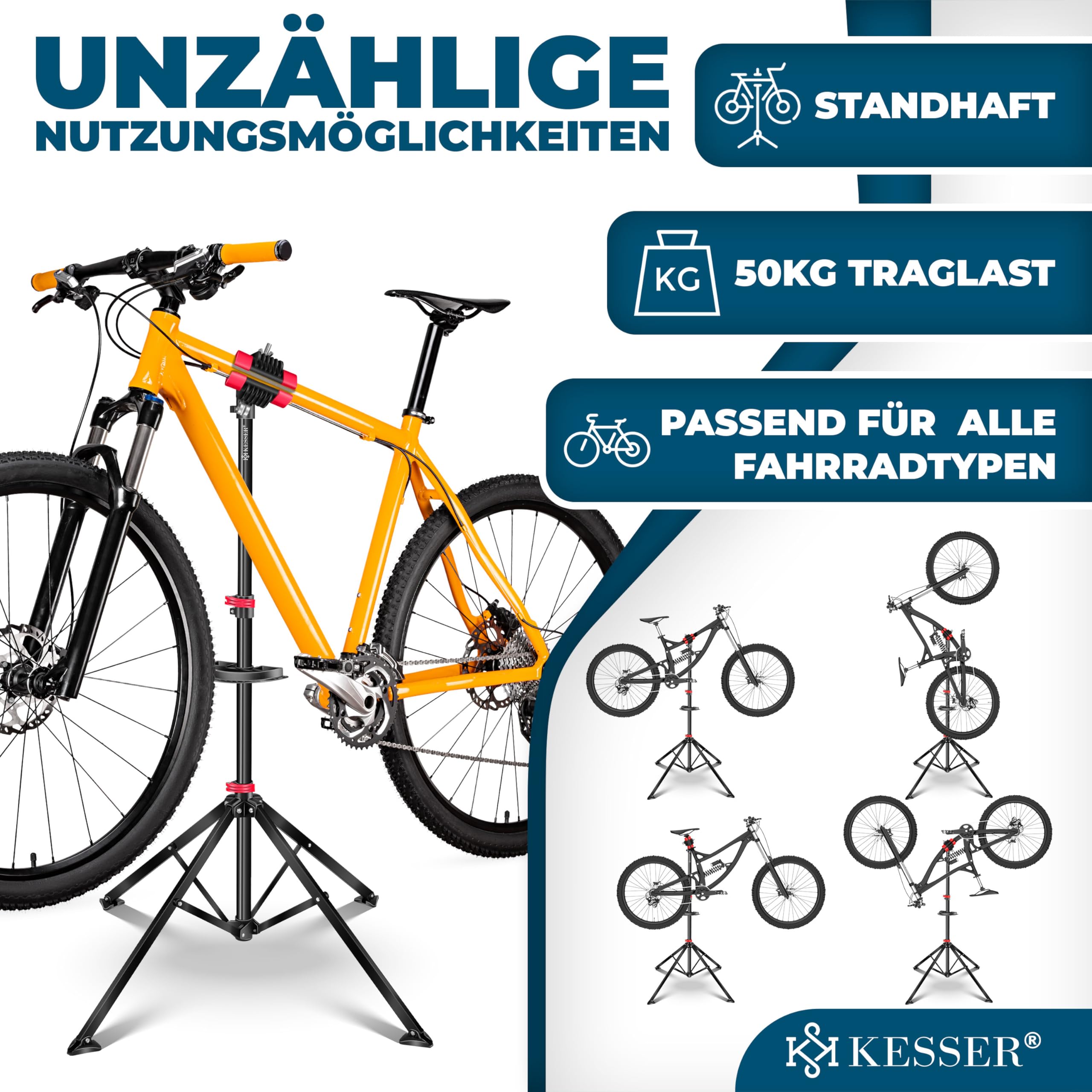 KESSER® Profesjonalny stojak do montażu rowerów, stojak na rower + torba, stojak do naprawy roweru, stojak do naprawy roweru, stojak do montażu w zestawie z miską na narzędzia + przegródka na magnes,