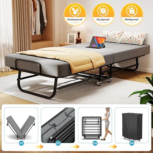 Miniatura 6 de SADENICEL Cama plegable con colchón para adultos, cama plegable portátil con ruedas, colchón de espuma viscoelástica y marco de metal, plegable que