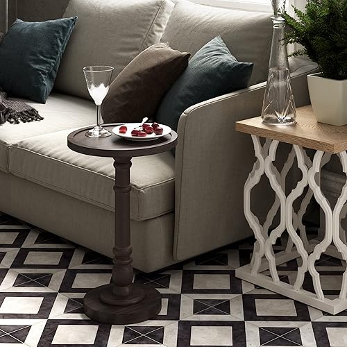 LONYKE Mesa auxiliar redonda de pedestal para beber, bandeja de granja, mesa auxiliar de madera Samll para sala de estar, acabado envejecido, color