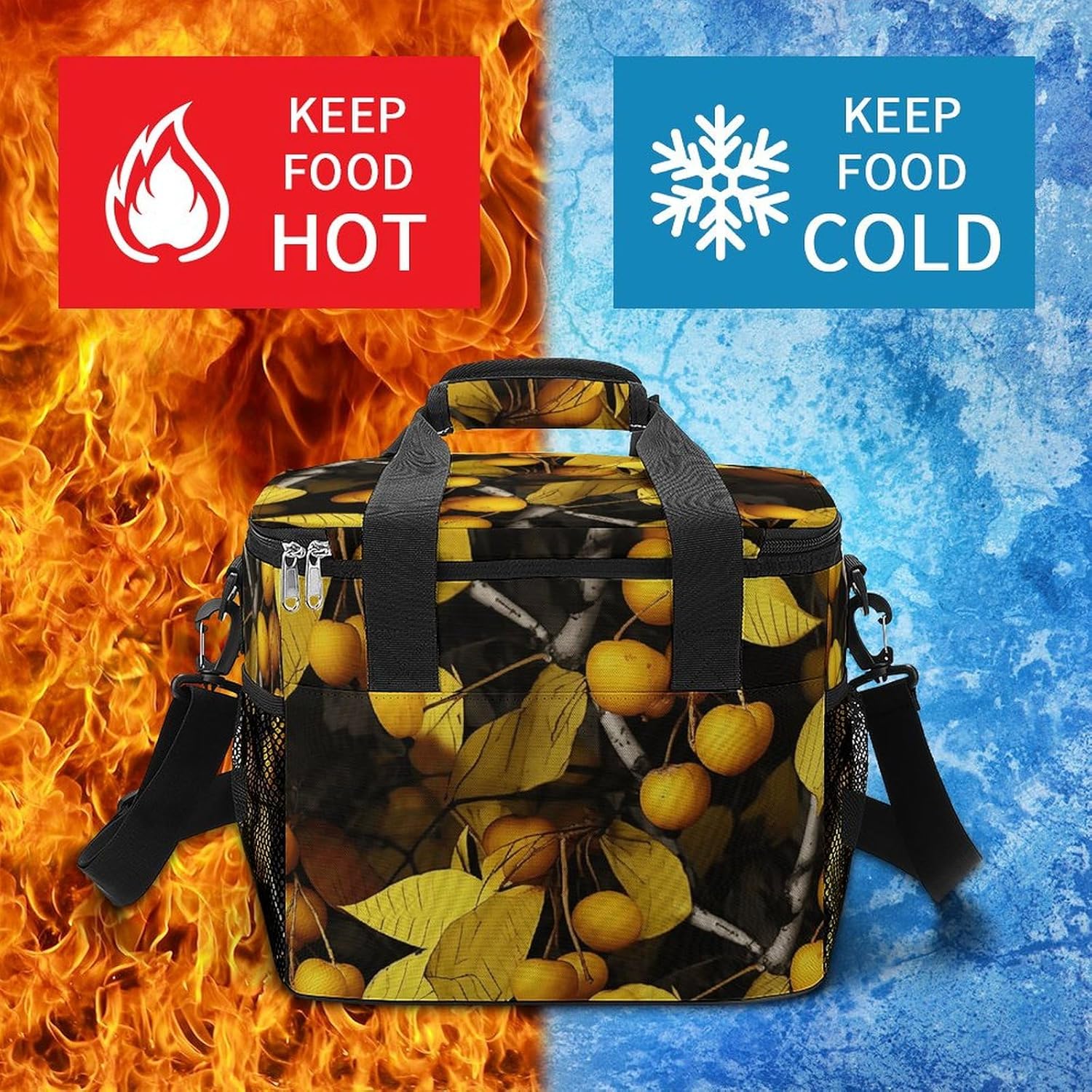 Camping Ice Pack, Yellow Leaves and Fruits Print Cooler Bag, 22.5L Large Capacity Insulated Lunch Tote Bag for Outdoor, Picnic, BBQ, Travel, Work