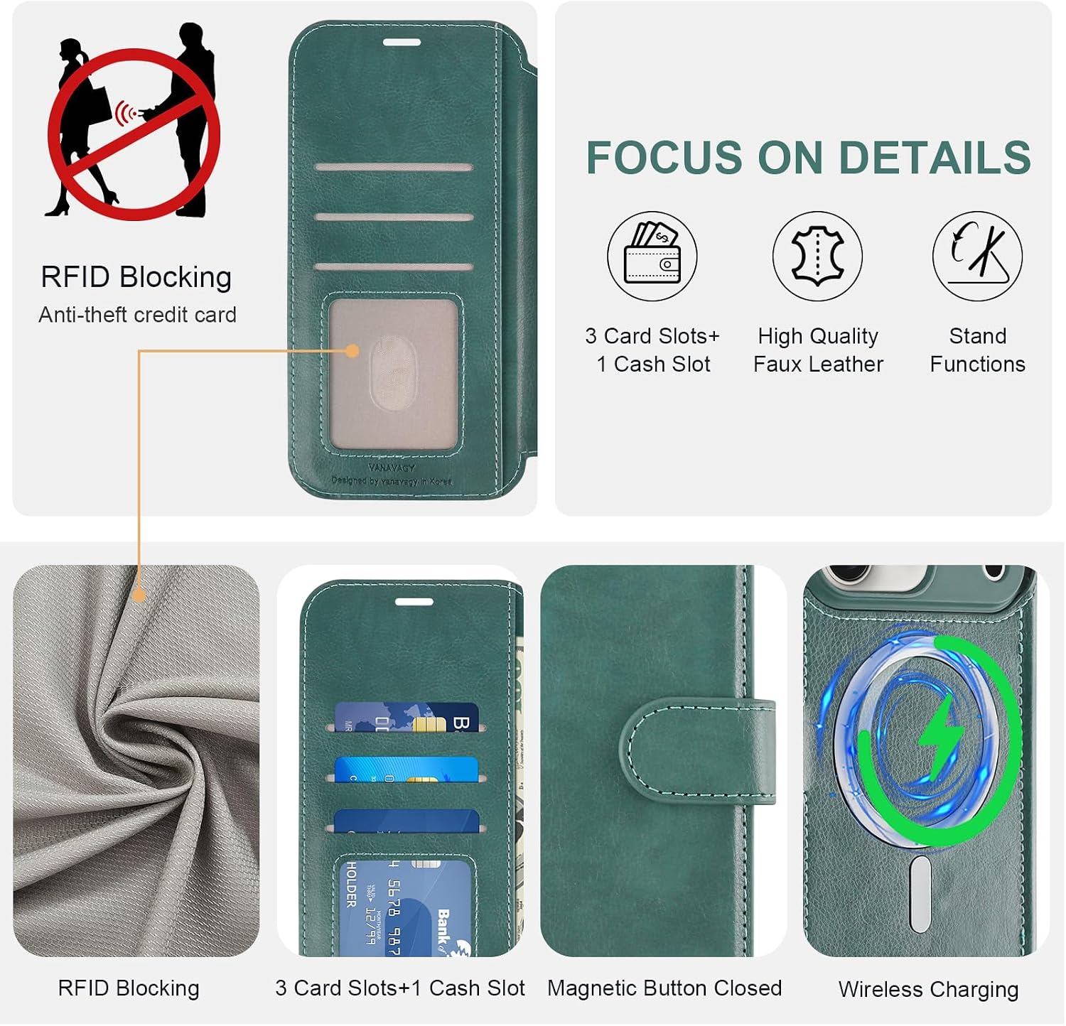 VANAVAGY Compatible for iPhone 17 Pro Wallet Case for Magsafe Wireless Charging, PU Leather Flip Folio Shockproof Phone Cover with Strap RFID Blocking Card Holder [Screen Protector],Forest Green