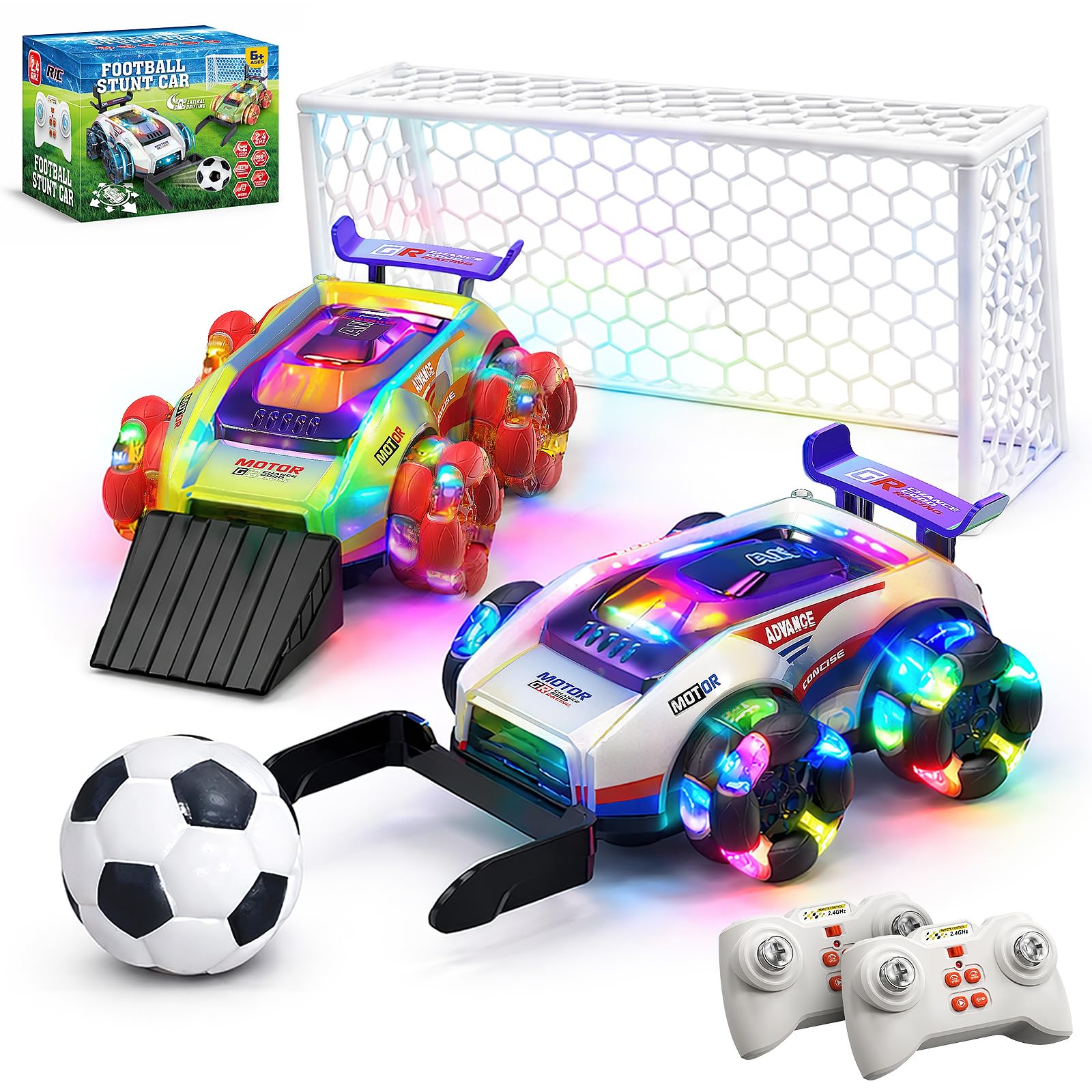 YESHIN 2 Coches de fútbol teledirigidos RC 2.4 GHz, Coches con luz LED y rotación 360°, Juego de fútbol con portería y Pelota, Juguete para niños 6+ años