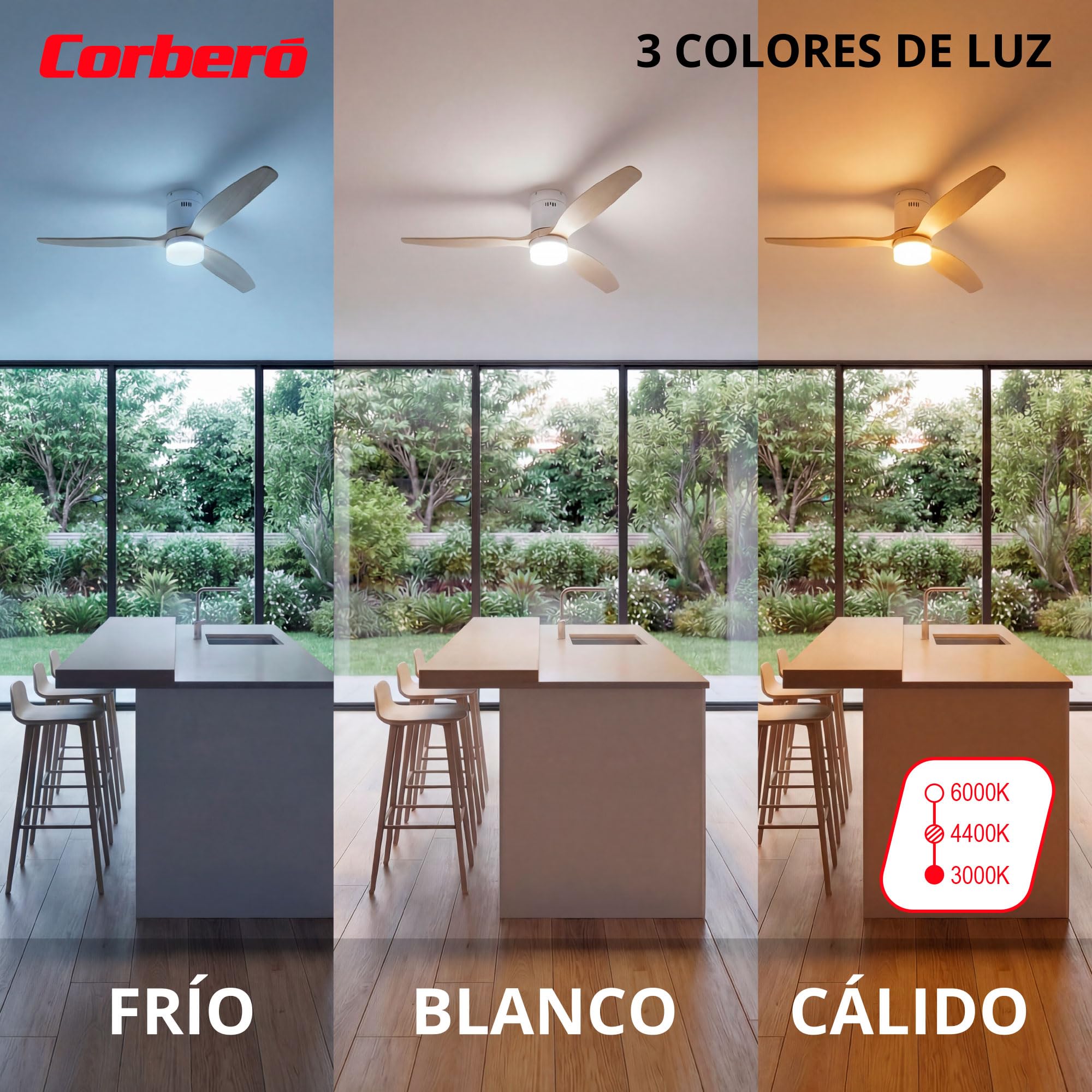 Corberó - Ventilador de Techo con Luz LED 132 cm | CVTGHC4 |Silencioso | 6 Velocidades | Diseño Nórdico | Temporizador|Mando a Distancia | Modo Verano - Inverno |Aspas de Madera Clara