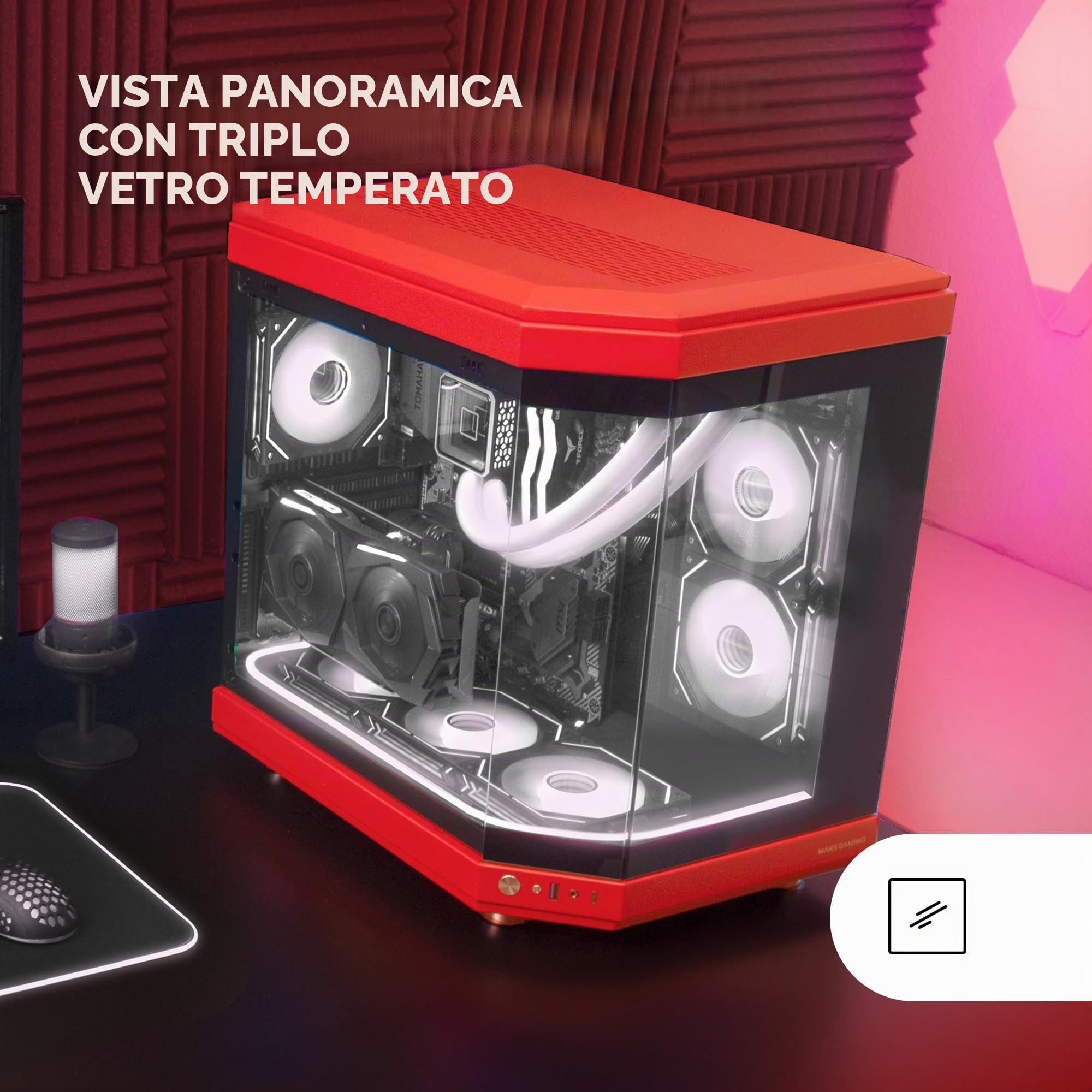 Mars Gaming MC-3T, Case Gaming Custom ATX, Vetro Temperato Continuo Tripla Finestra, Supporto Raffreddamento Liquido Completo, Doppia Camera Laterale, 3x Slot PCI Verticali, USB-C e USB 3.0, Rosso