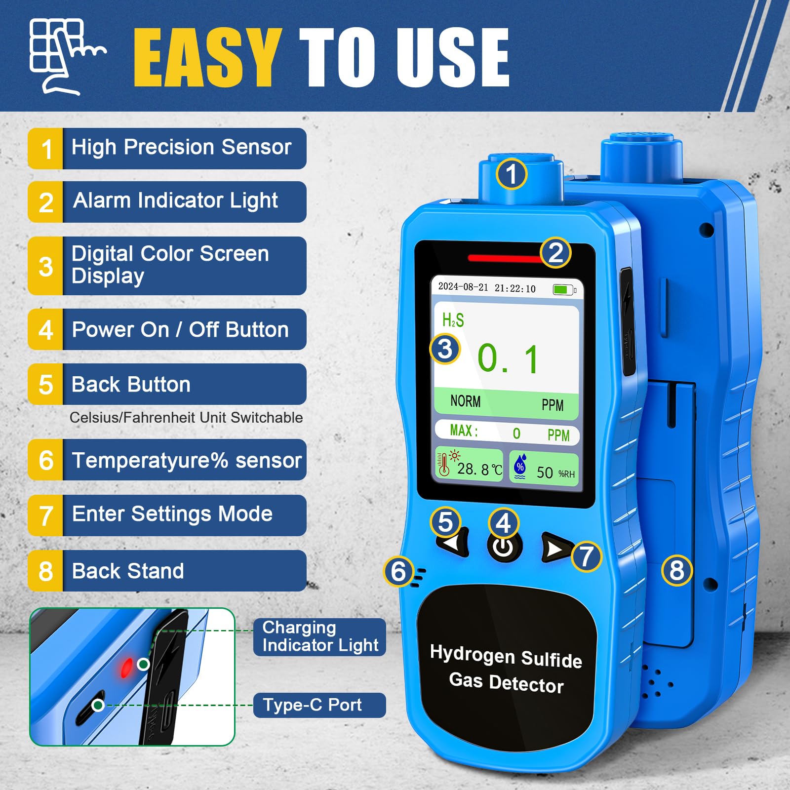 Monitor H2S 0-100PPM, Analizzatore di Gas Solfuro di Idrogeno, Misuratore di Qualità Dell'Aria Ricaricabile per Solfuro di Idrogeno con Tester di Temperatura e Umidità, Blu