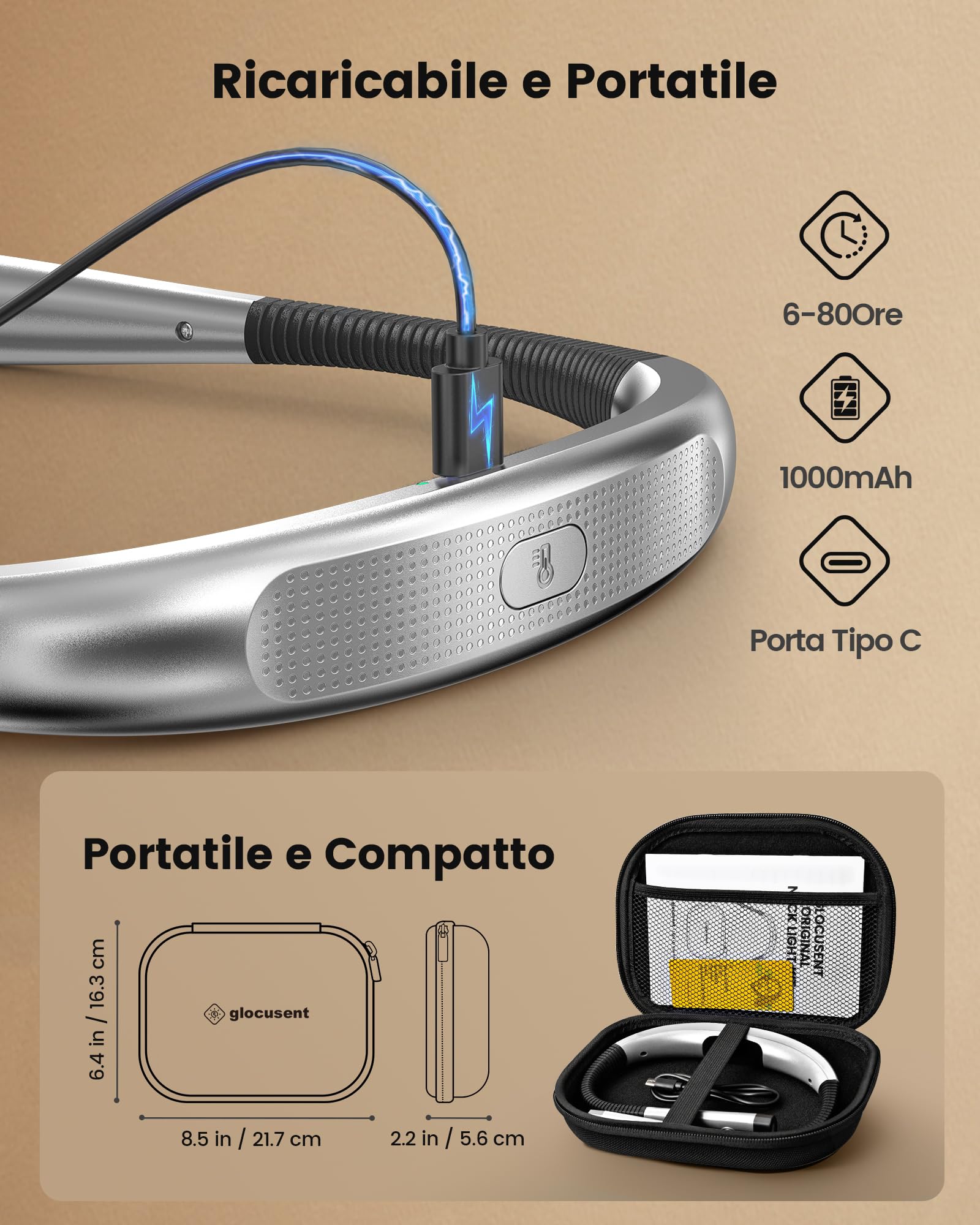 Glocusent Lampada da Lettura, LED luce del libro, Ricaricabile, 3 Colori, 6 Livelli di luminosità, Bracci pieghevoli, mani libere, Perfetta per Tejer, Estudiar, Dormir, Viajar (Funda EVA incluida)
