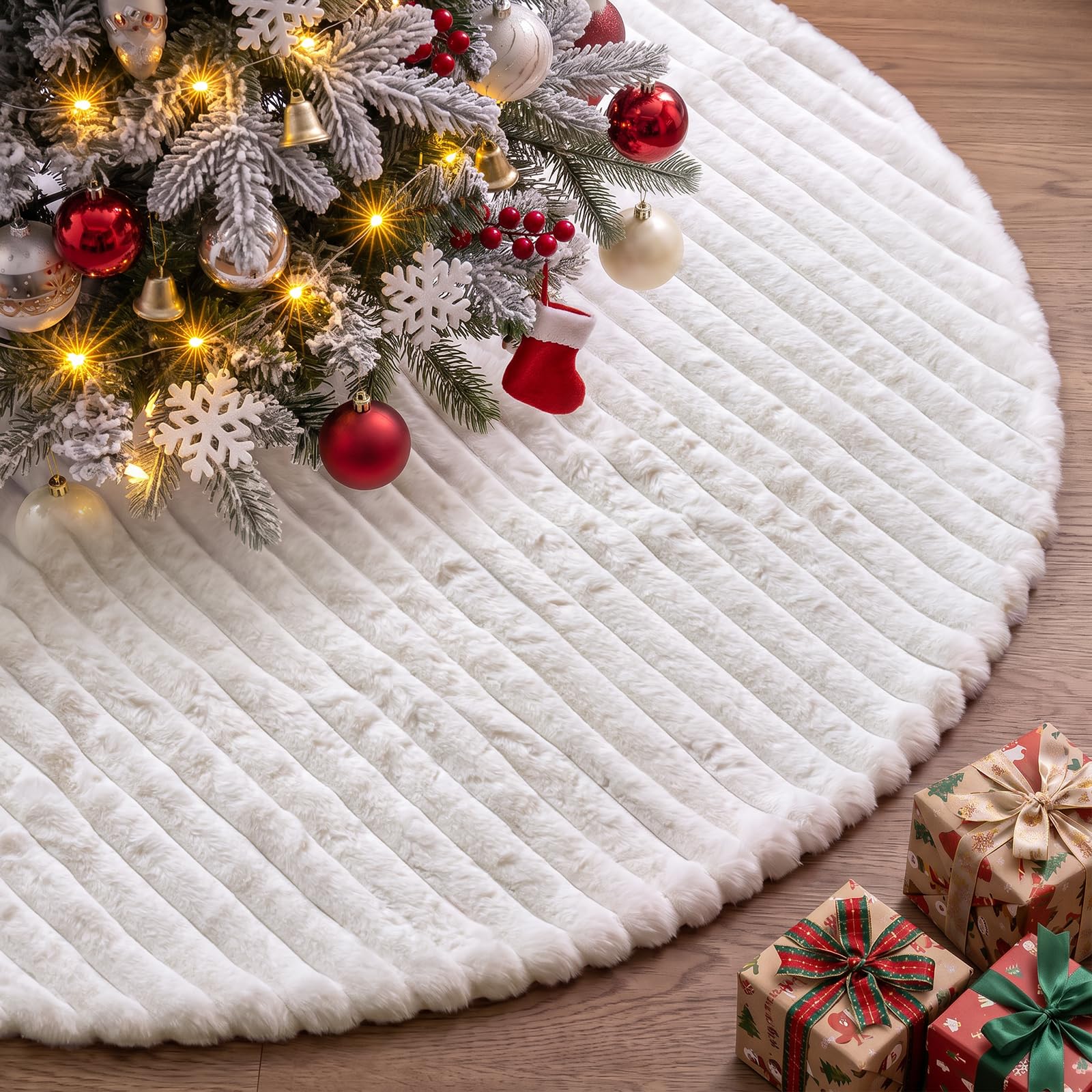 Lanpn Christmas Tree Skirt 75cm, Faux Fur Xmas Tree Skirt Plush Winter Christmas Tree Mat for Small Mini Pencil Slim Artificial Trees Winter Home Party Indoor Xmas Decor (White, 30 inch)
