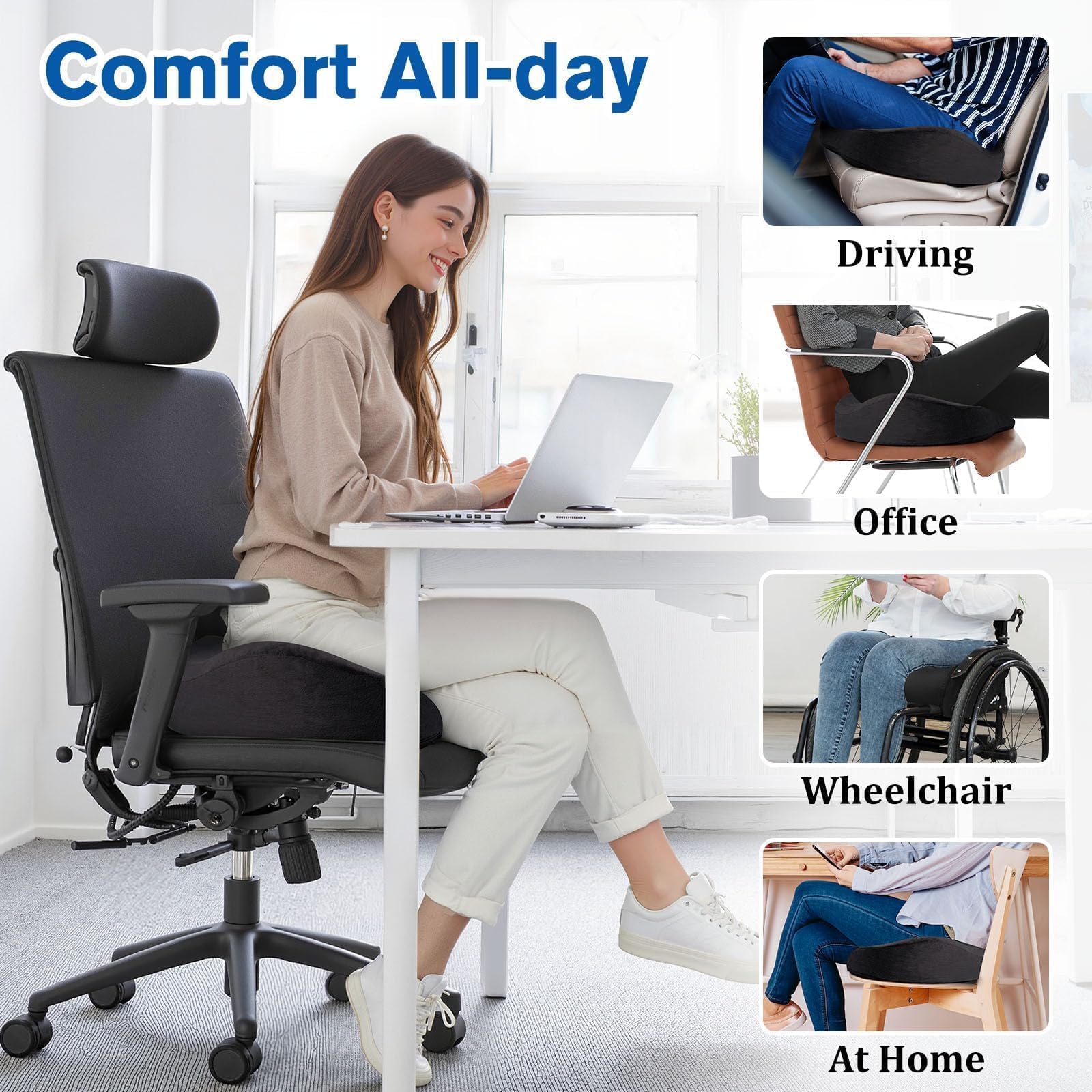 CushyOasis Cojín de asiento, cojines de silla, cojines de silla de oficina, parte inferior antideslizante y funda extraíble, cojín de alivio del dolor de coxis, cojín de asiento de espuma