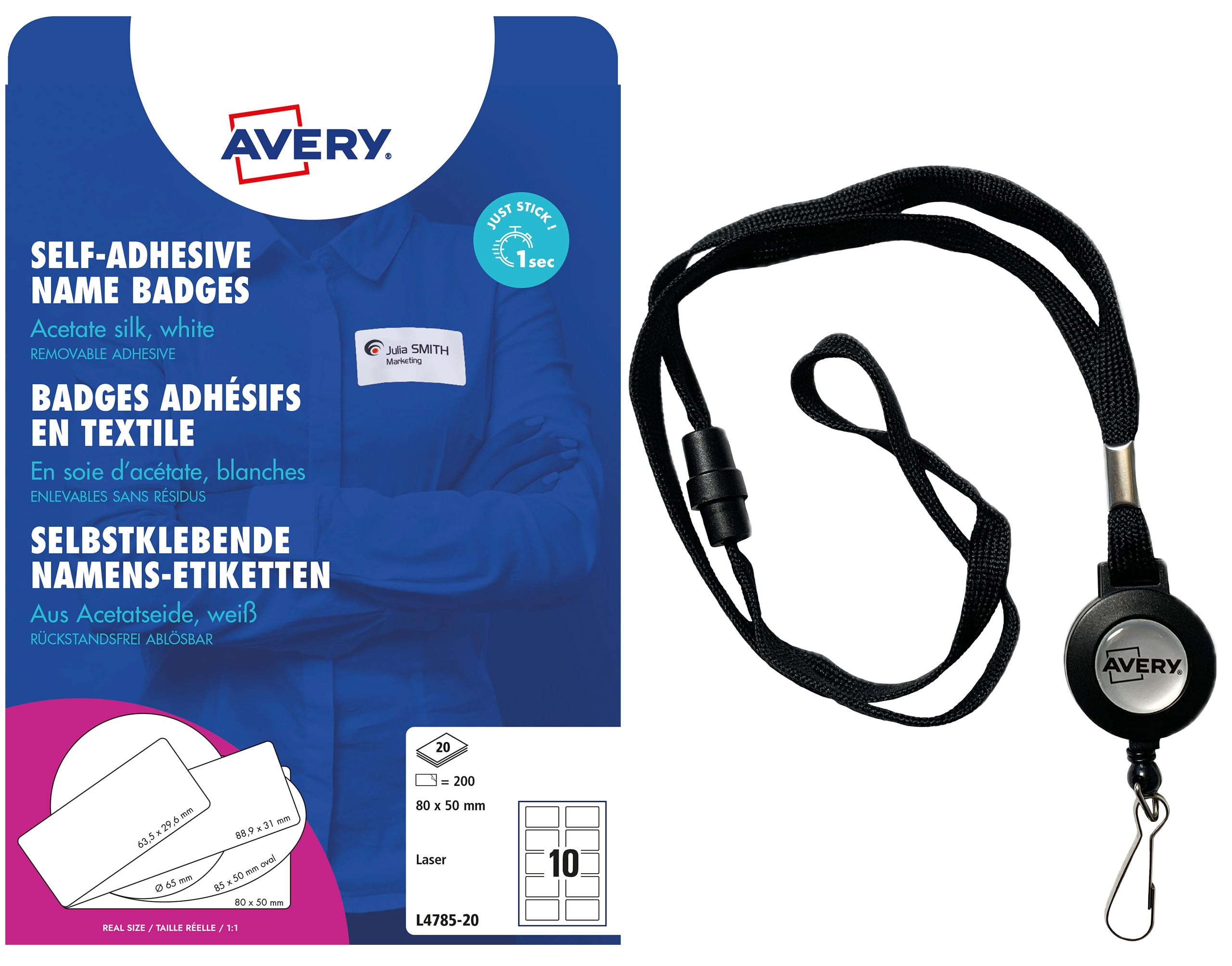 AVERY Zweckform L4785-20 Namensetiketten 200 Stück (80x50mm, bedruckbar) weiß & 4830 Lanyard ausziehbar 10 Stück (40x0,8cm, mit Karabiner, Sicherheitsverschluss & Federhaken) schwarz