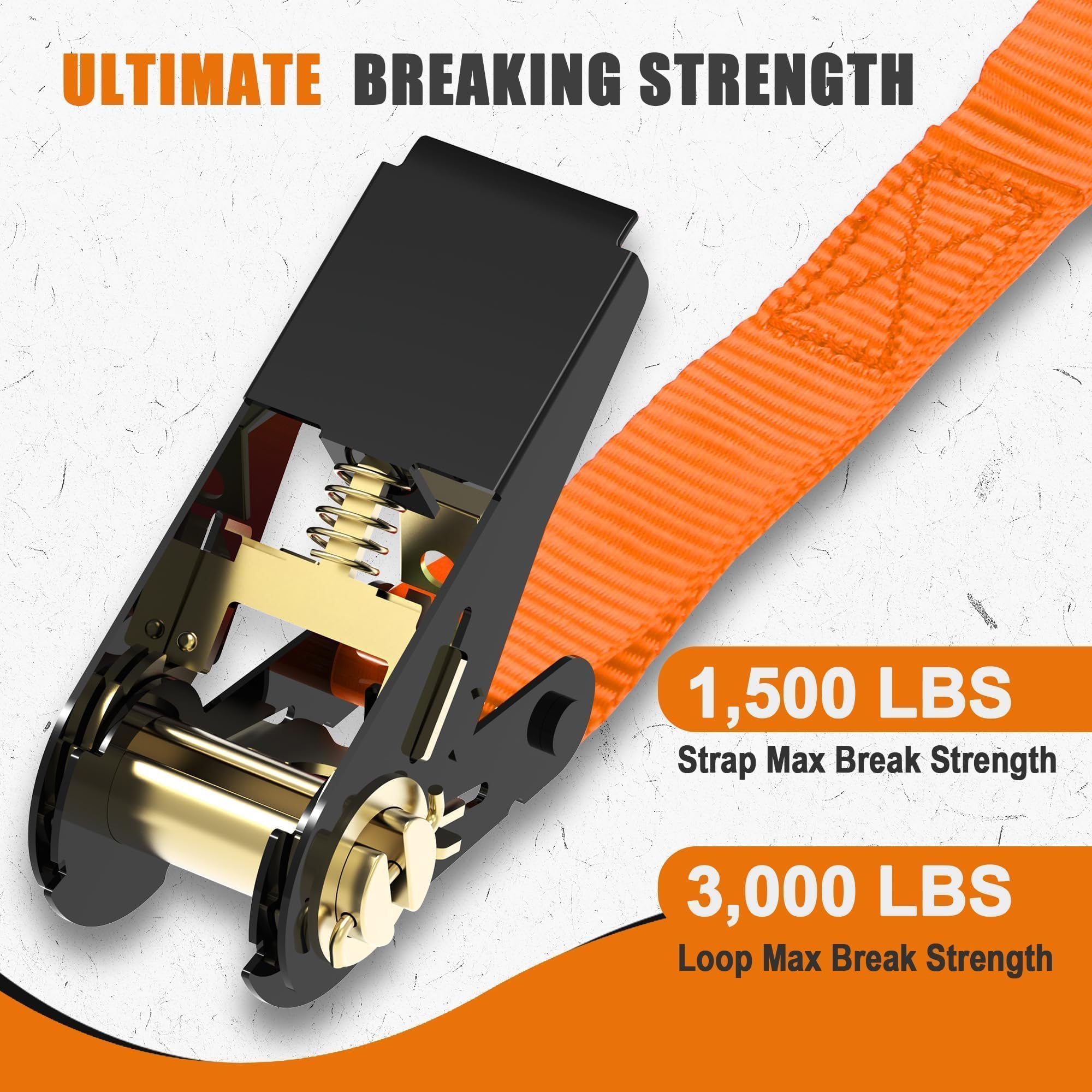 AWELCRAFT Lot de 4 Sangles à Cliquet – 680 kg de Résistance à la Rupture, 4,5 m de Longueur, Orange avec Crochets en S & Boucles Souples – Idéal pour Moto, VTT, Bateau, Meubles, Déménagement