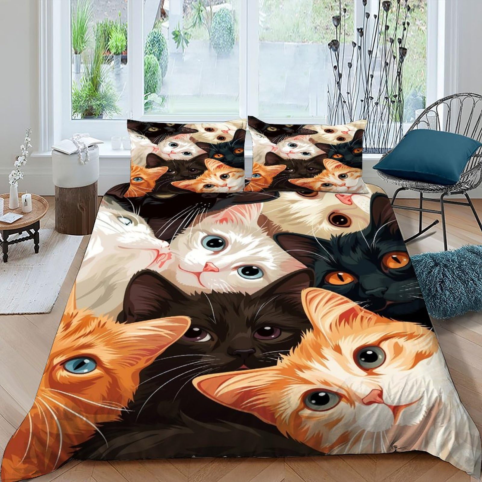 Housse de couette chat blanc parure de lit hypoallergénique facile à laver