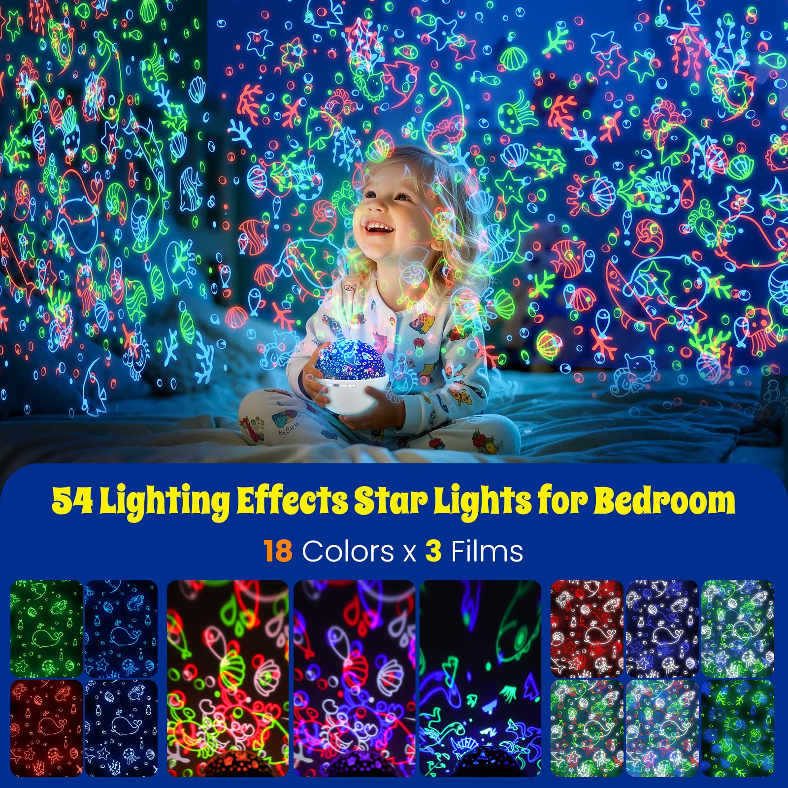 Stern-Nachtlicht für Kinder, Nebel, Sternenprojektor, 360 Grad drehbar, 4 LED-Leuchtmittel, 18 Lichtfarbwechsel mit USB-Kabel, romantisches Geschenk für Männer, Frauen, Kinder (weiß)