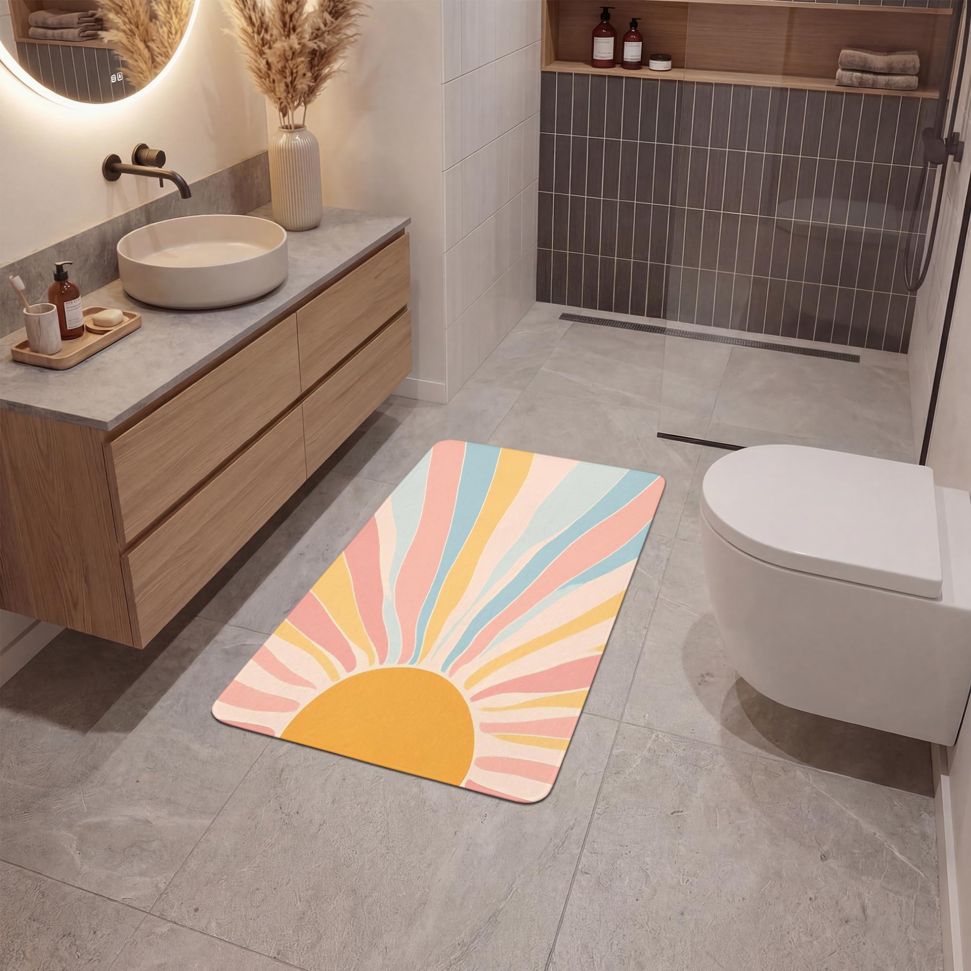 Duschvorleger Badezimmer Deko Badematte rutschfest Bathroom | 60x90 cm - Rechteckig - Vorleger Badmatten Duschteppich Weichschaummatte Illustration - Sonne - Pastellfarben
