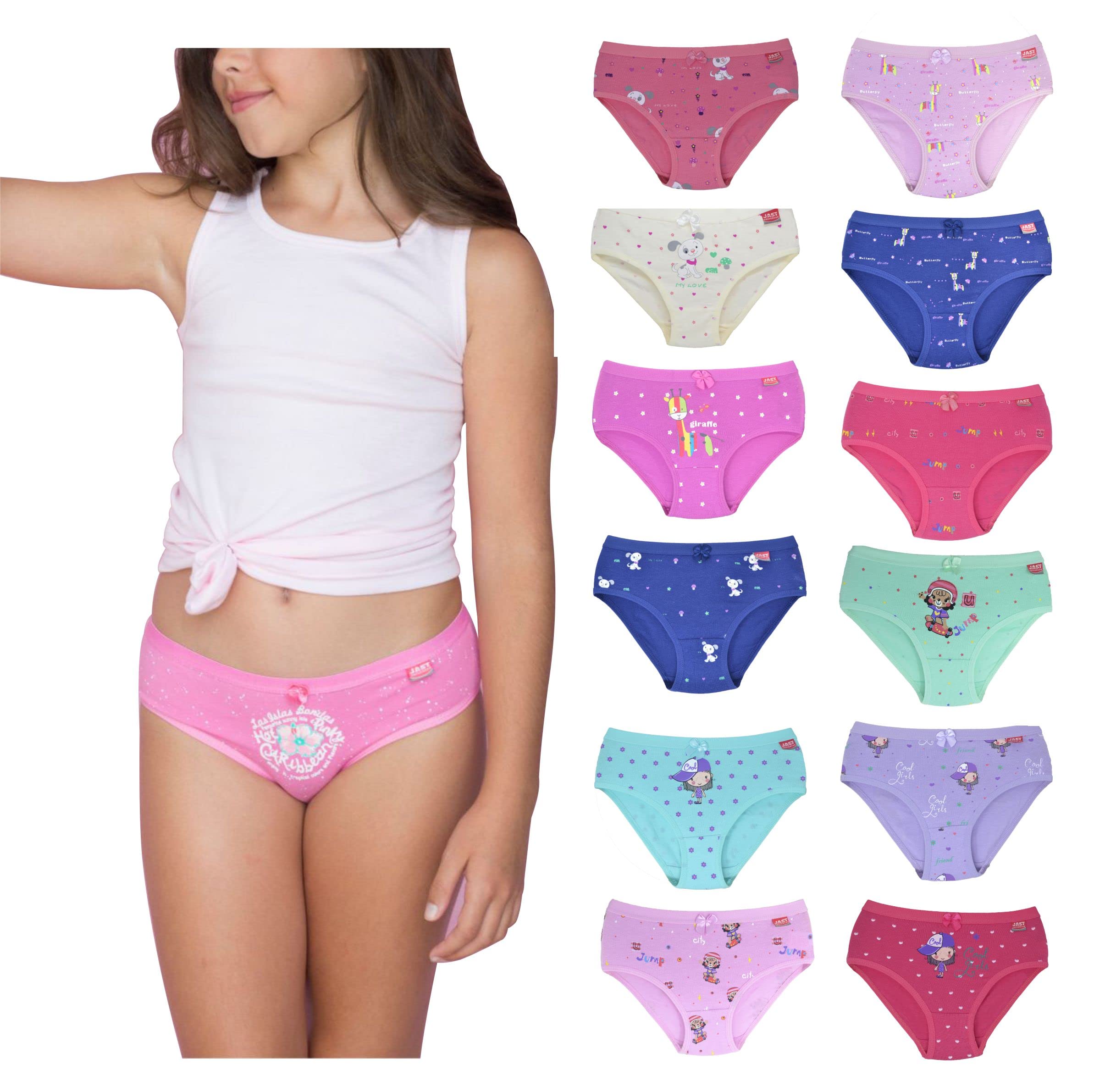 JAST Braguitas Niña Algodón Licra Muy Suaves. Pack de 12 Bragas. Tallas 2 a 14 años