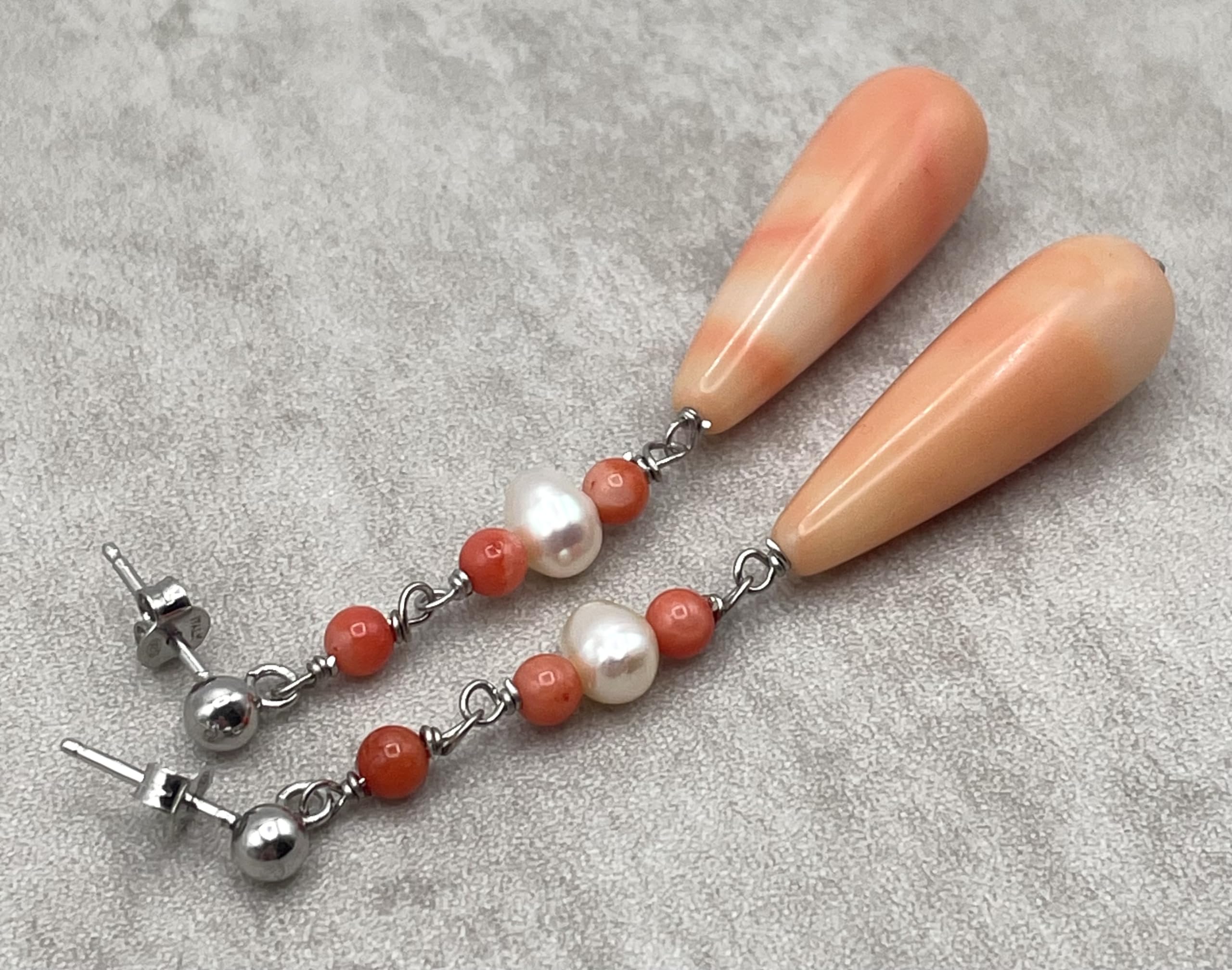 Orecchini Corallo Rosa e Perle Naturali, Pendenti in Argento 925 Made in Italy, Gioielli Pietre Dure, Bijoux Artigianali, Regalo per Lei